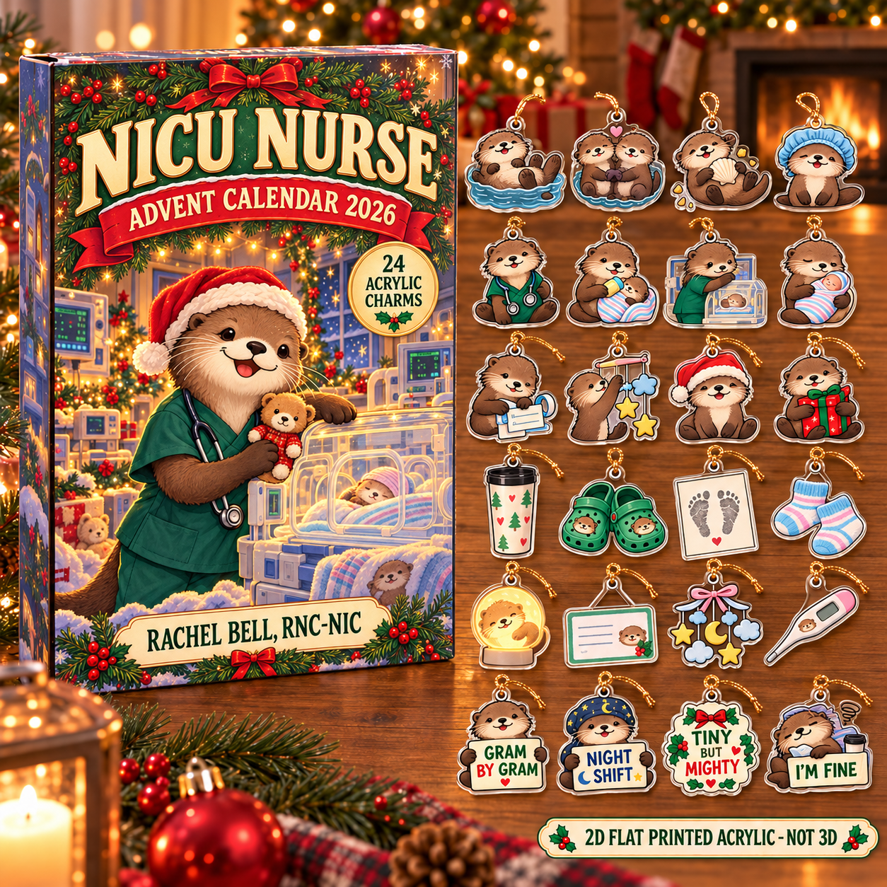 Personalized NICU Nurse Otter advent calendar box with 24 flat acrylic Christmas charms