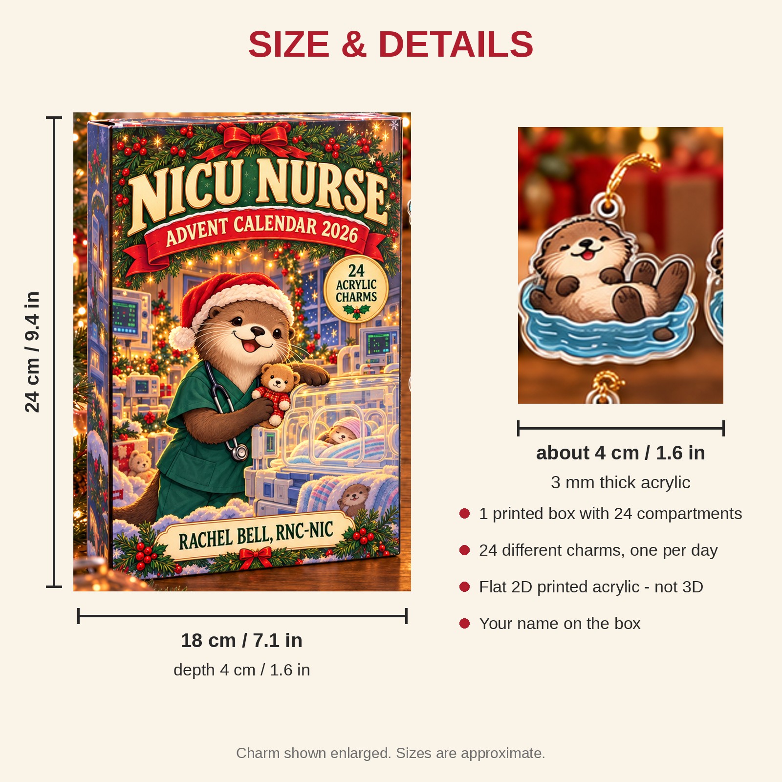 Personalized NICU Nurse Otter advent calendar box with 24 flat acrylic Christmas charms: box and charm sizes