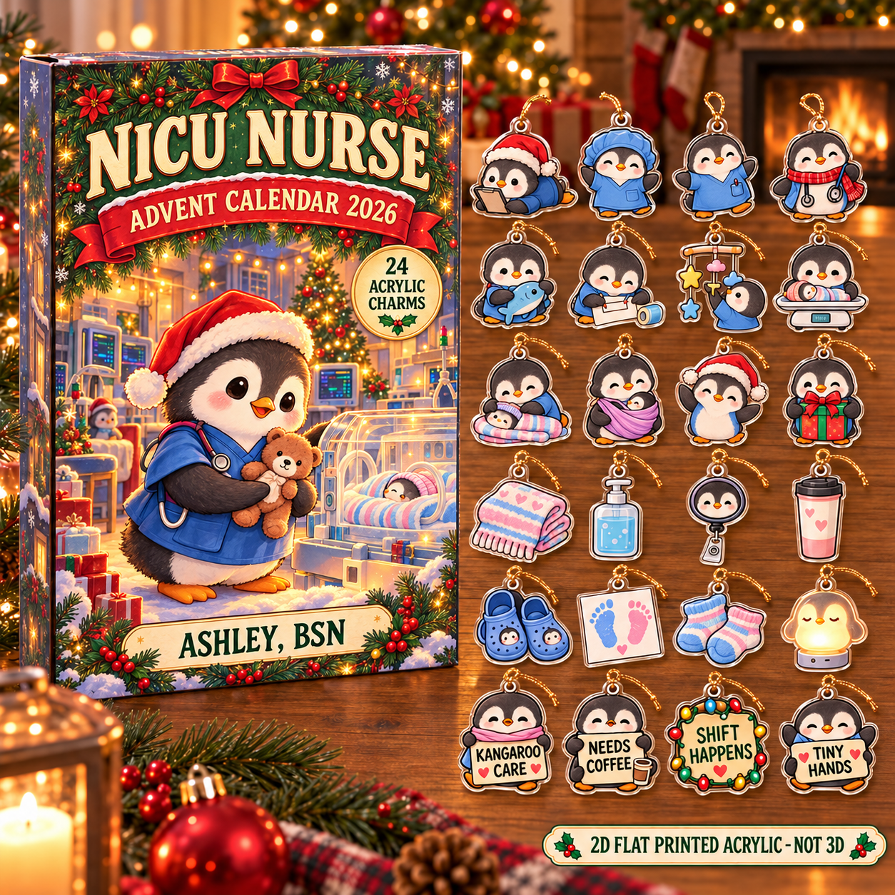 Personalized NICU Nurse Penguin advent calendar box with 24 flat acrylic Christmas charms