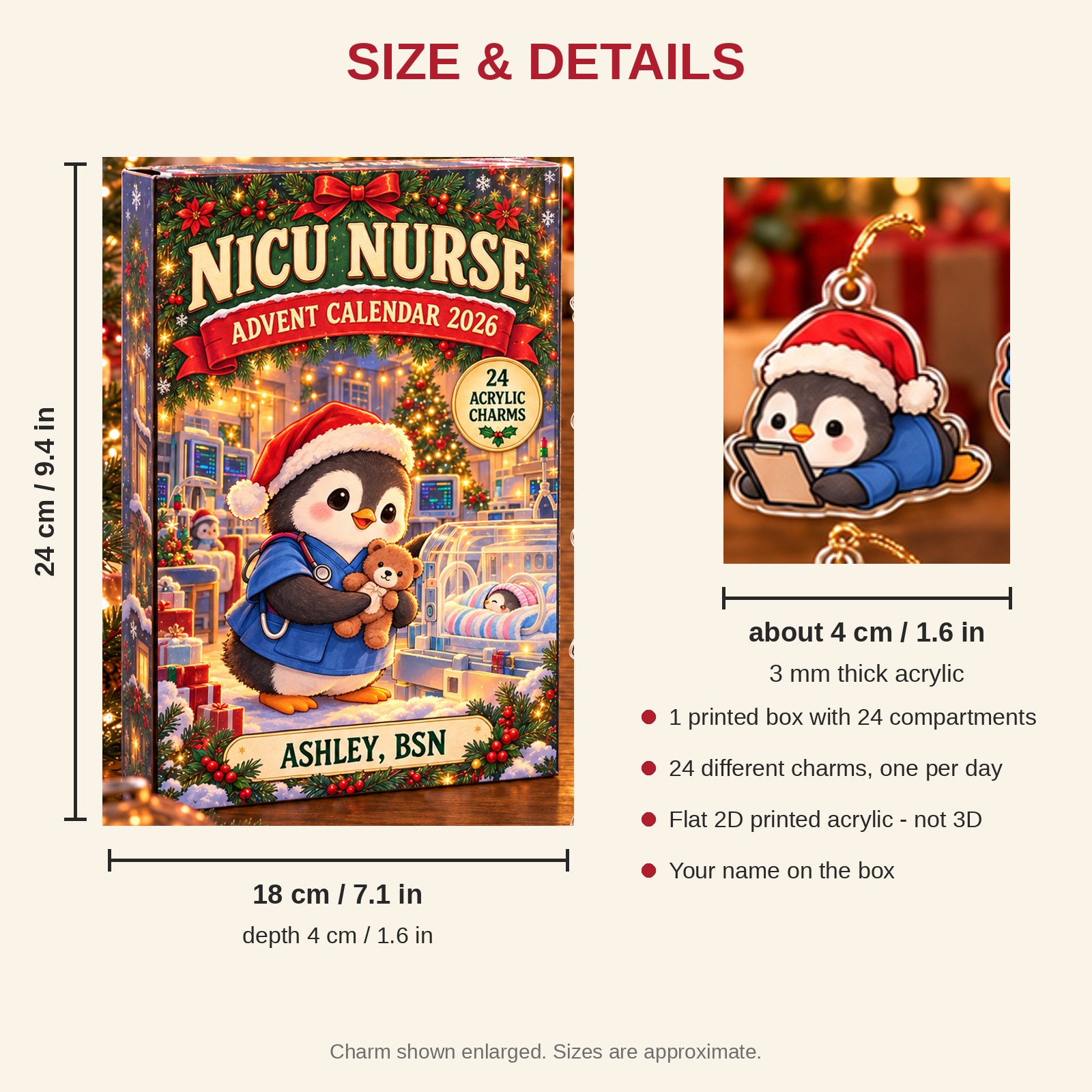 Personalized NICU Nurse Penguin advent calendar box with 24 flat acrylic Christmas charms: box and charm sizes