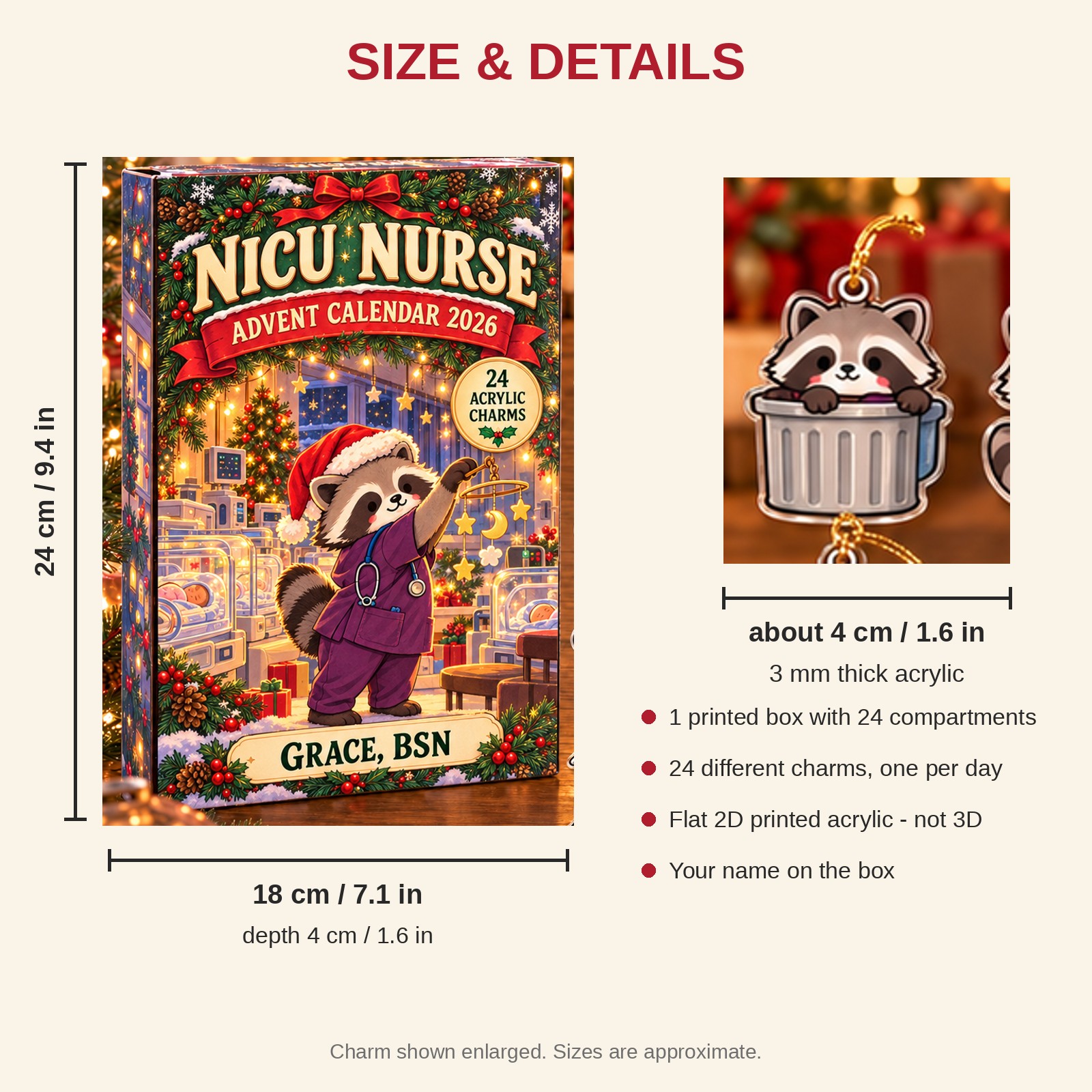 Personalized NICU Nurse Raccoon advent calendar box with 24 flat acrylic Christmas charms: box and charm sizes