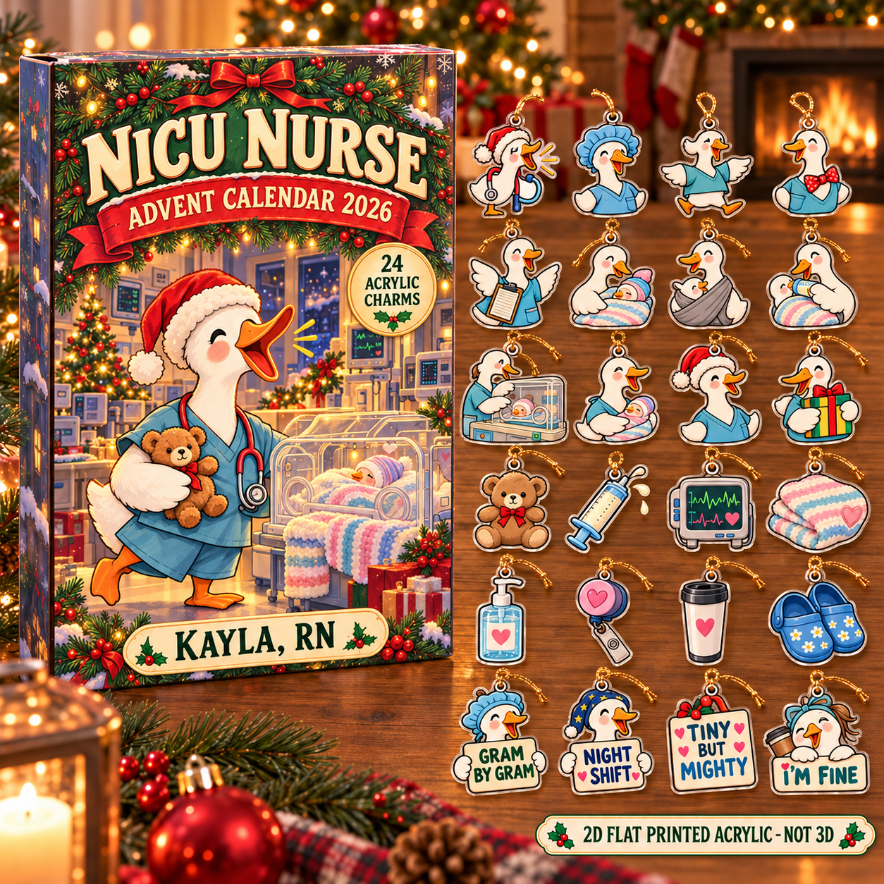 Personalized NICU Nurse Silly Goose advent calendar box with 24 flat acrylic Christmas charms
