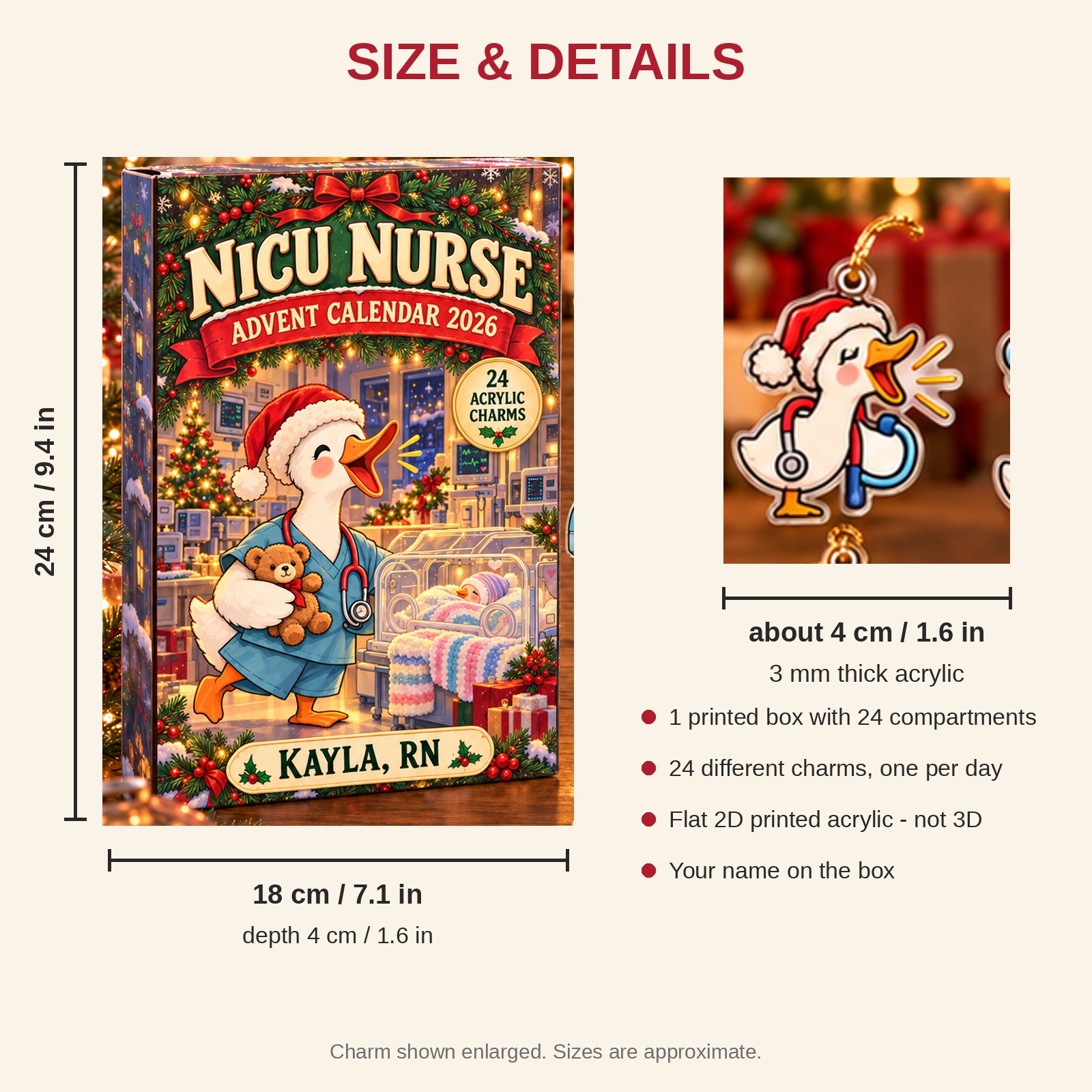 Personalized NICU Nurse Silly Goose advent calendar box with 24 flat acrylic Christmas charms: box and charm sizes