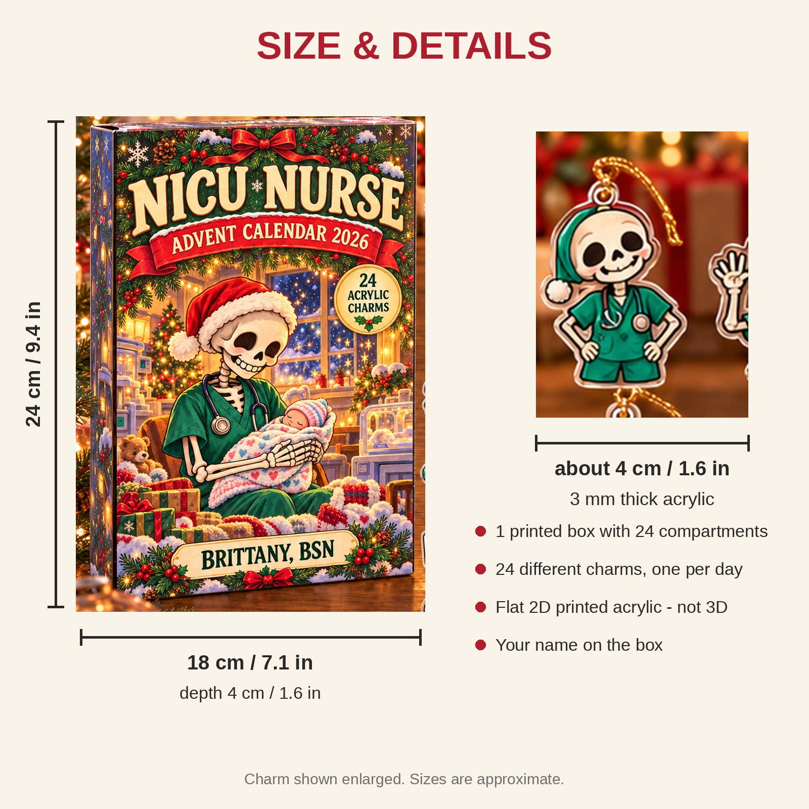 Personalized Skeleton NICU Nurse advent calendar box with 24 flat acrylic Christmas charms: box and charm sizes