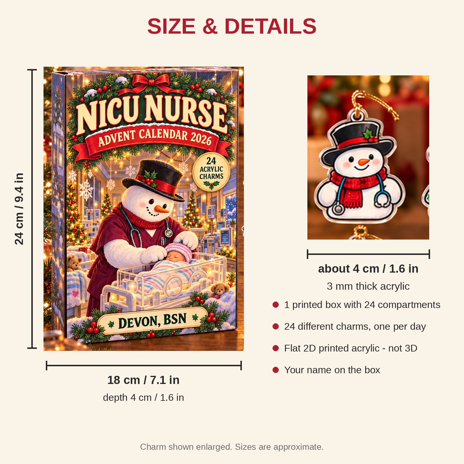 Personalized Snowman NICU Nurse advent calendar box with 24 flat acrylic Christmas charms: box and charm sizes