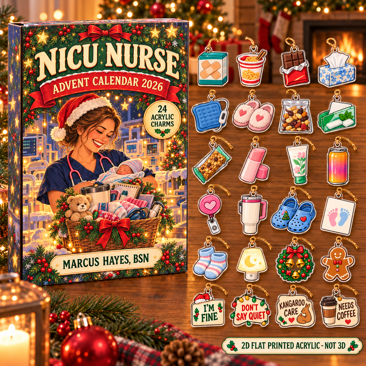 Personalized NICU Nurse Survival Kit advent calendar box with 24 flat acrylic Christmas charms