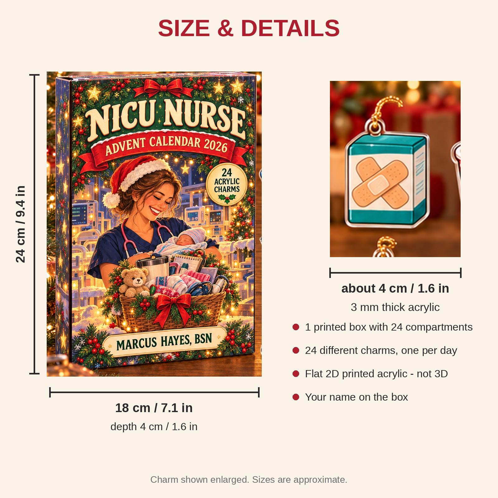 Personalized NICU Nurse Survival Kit advent calendar box with 24 flat acrylic Christmas charms: box and charm sizes