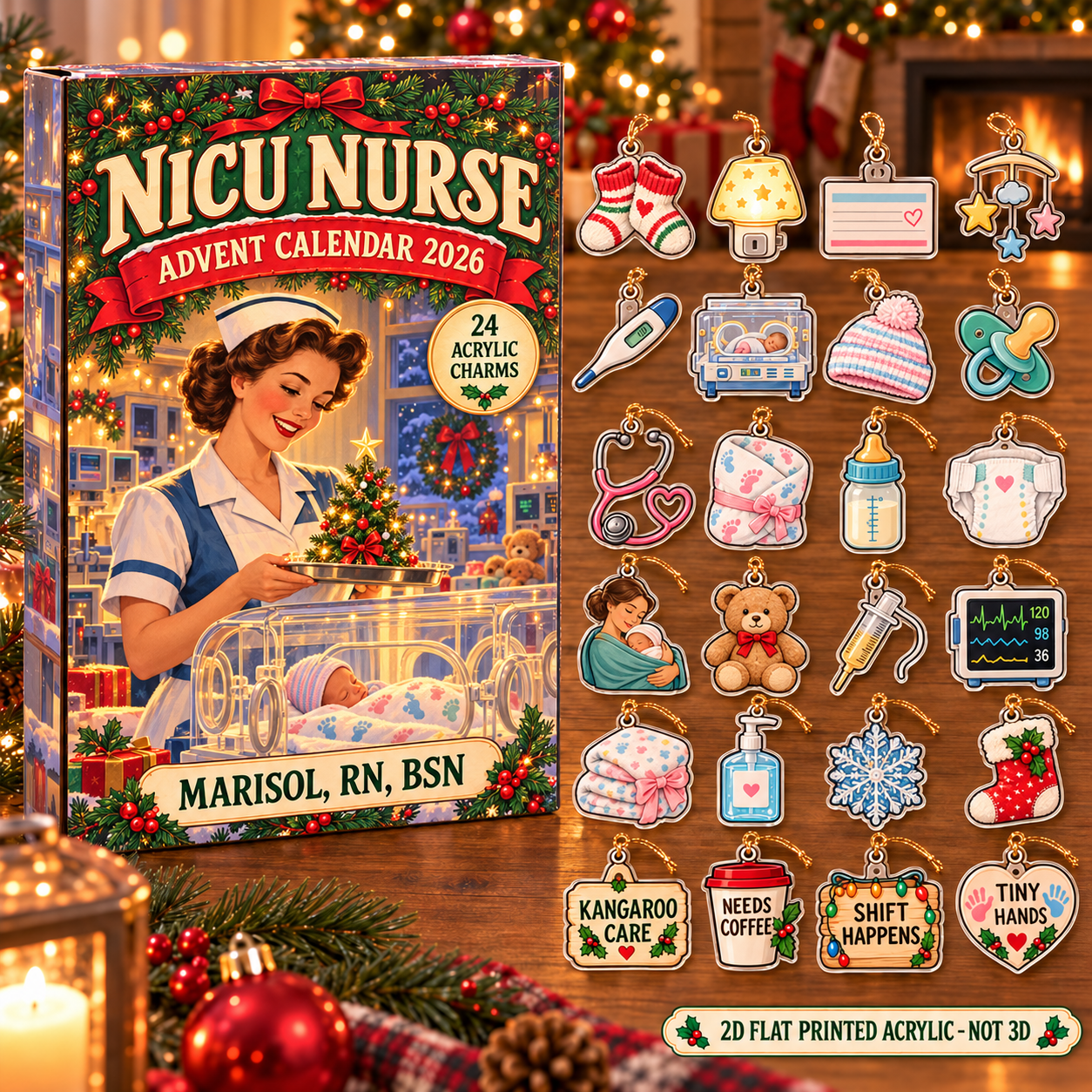Personalized Vintage NICU Nurse advent calendar box with 24 flat acrylic Christmas charms