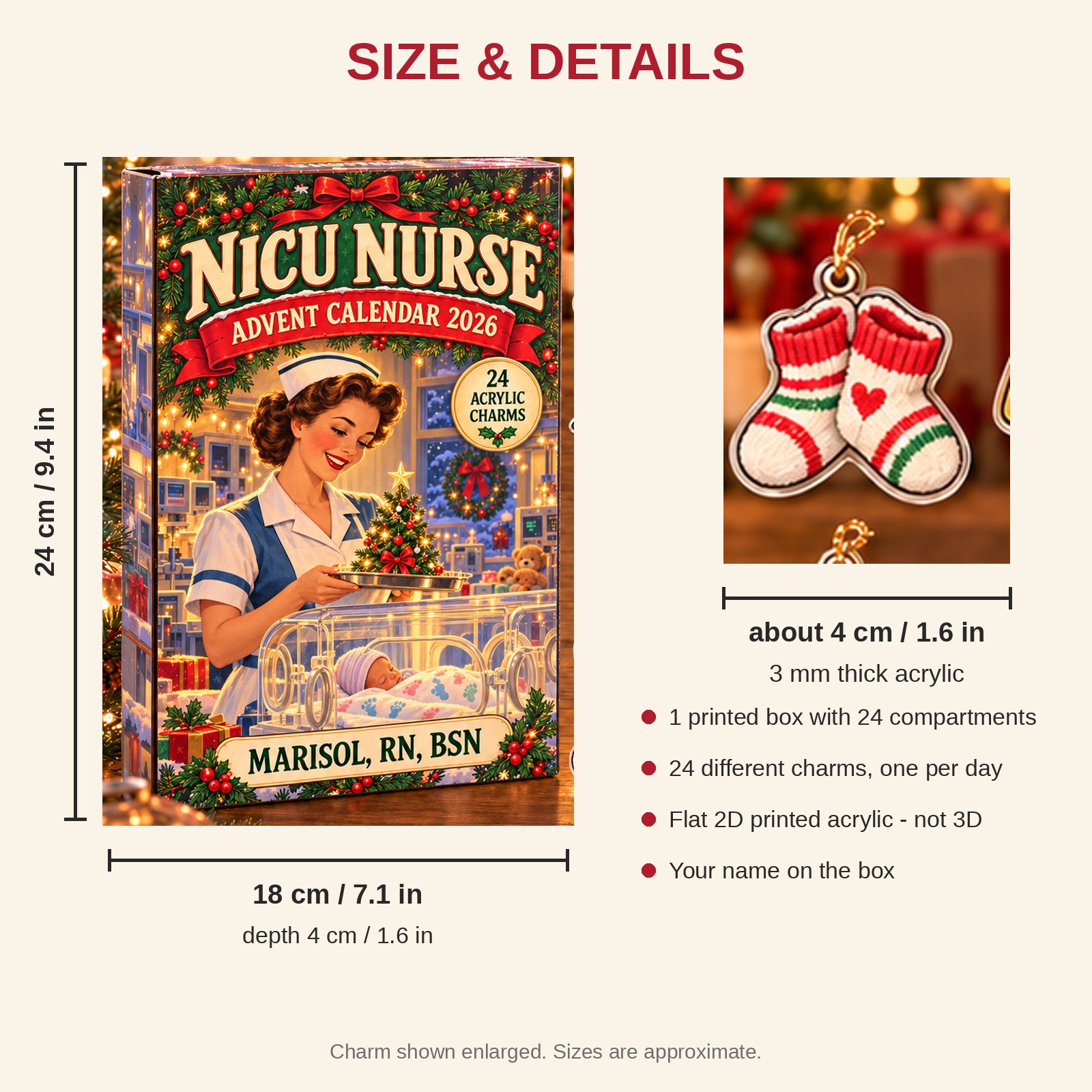 Personalized Vintage NICU Nurse advent calendar box with 24 flat acrylic Christmas charms: box and charm sizes