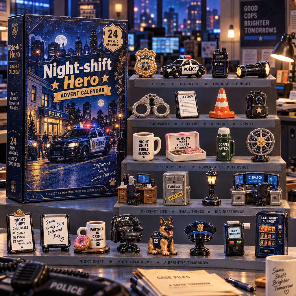 Night-Shift Heroes advent calendar box with 24 acrylic Christmas charms