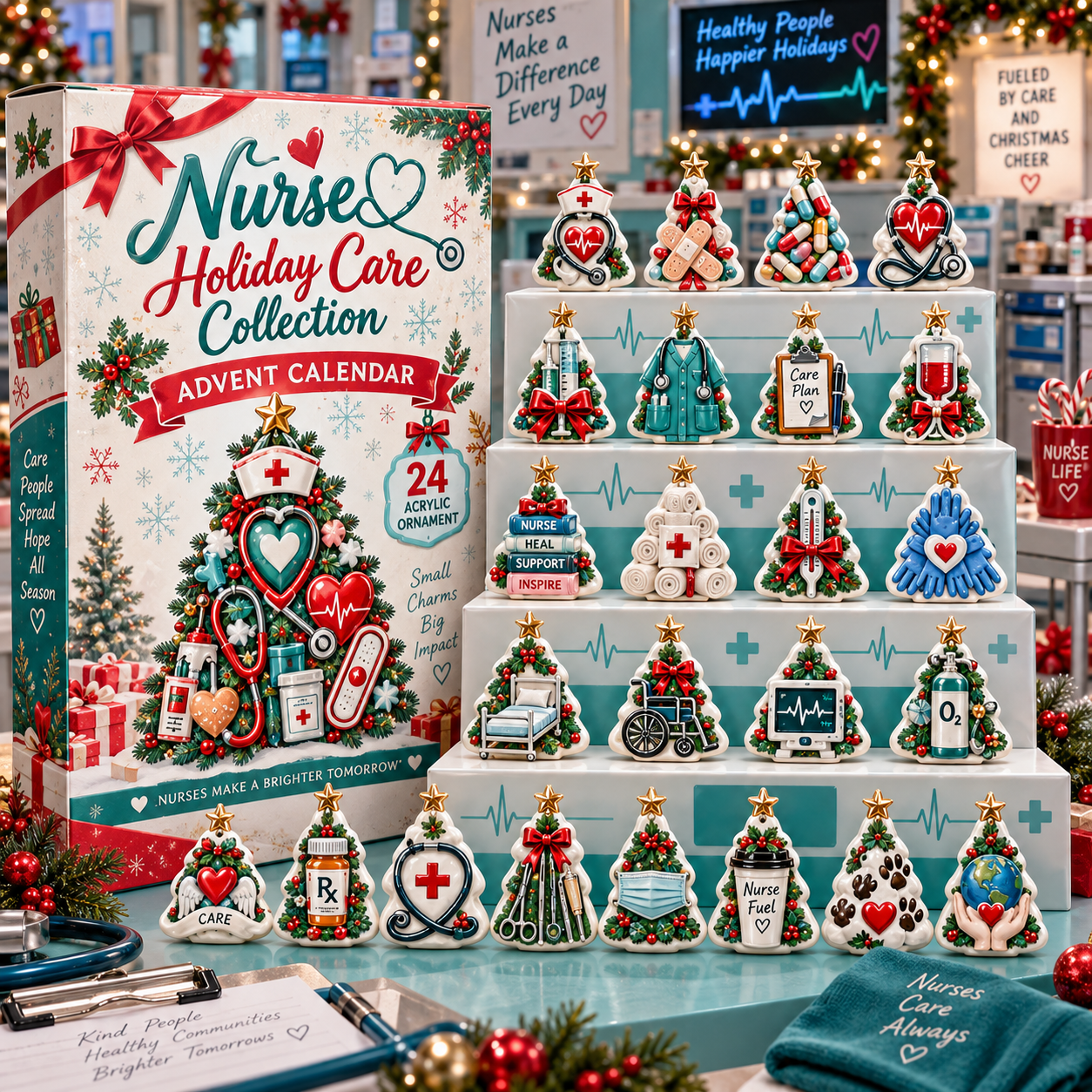 Nurse Holiday Care advent calendar box with 24 acrylic Christmas charms