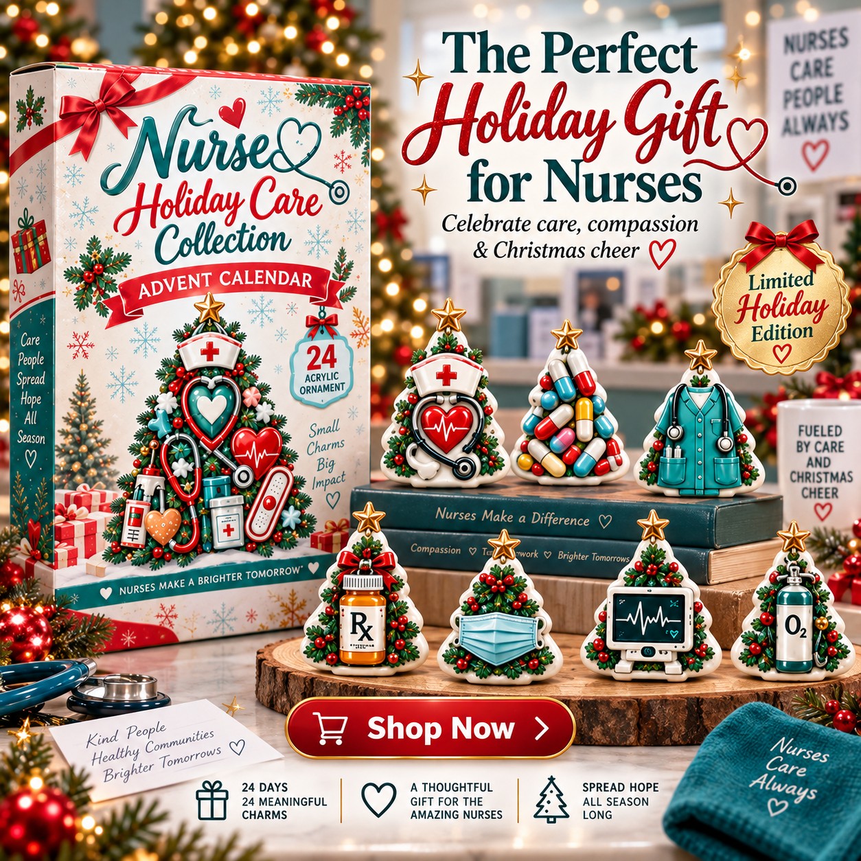 Nurse Holiday Care advent calendar box with 24 acrylic Christmas charms: box and charm sizes