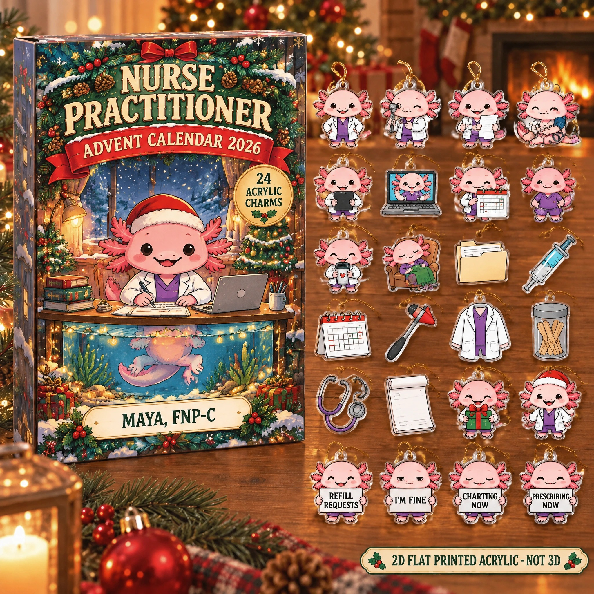 Personalized Nurse Practitioner Axolotl advent calendar box with 24 flat acrylic Christmas charms