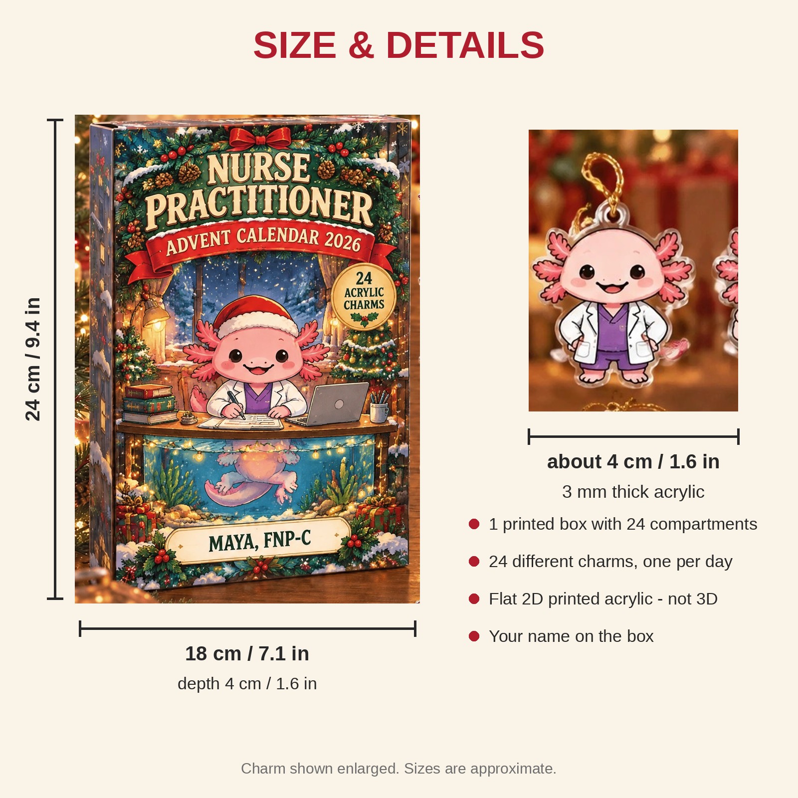 Personalized Nurse Practitioner Axolotl advent calendar box with 24 flat acrylic Christmas charms: box and charm sizes