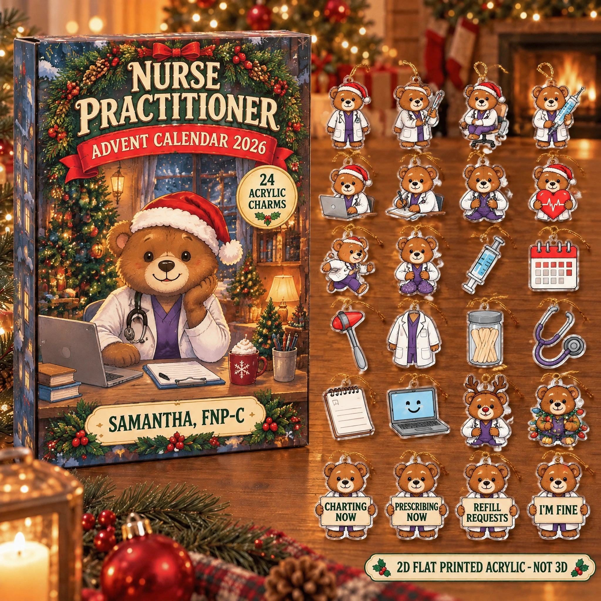 Personalized Nurse Practitioner Bear advent calendar box with 24 flat acrylic Christmas charms