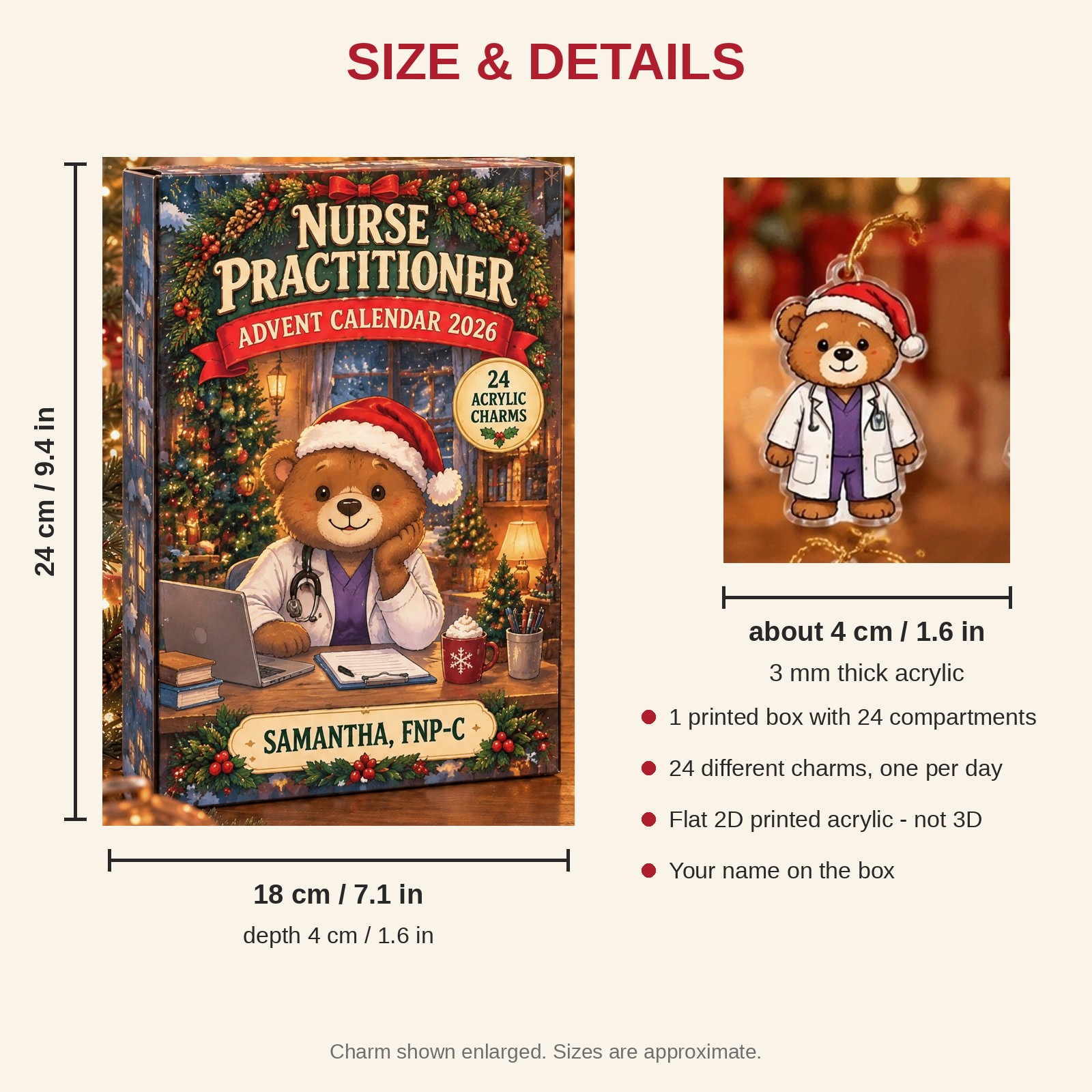 Personalized Nurse Practitioner Bear advent calendar box with 24 flat acrylic Christmas charms: box and charm sizes