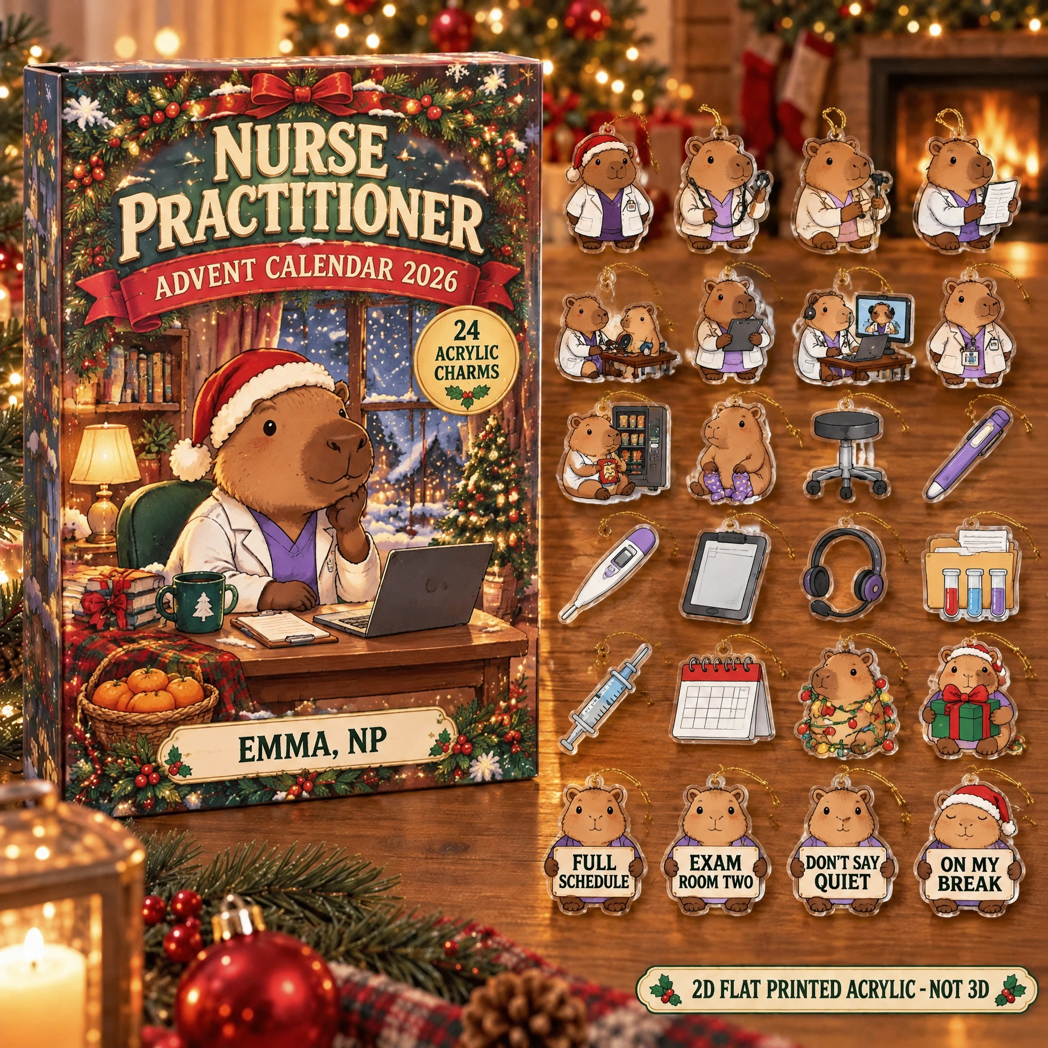 Personalized Nurse Practitioner Capybara advent calendar box with 24 flat acrylic Christmas charms