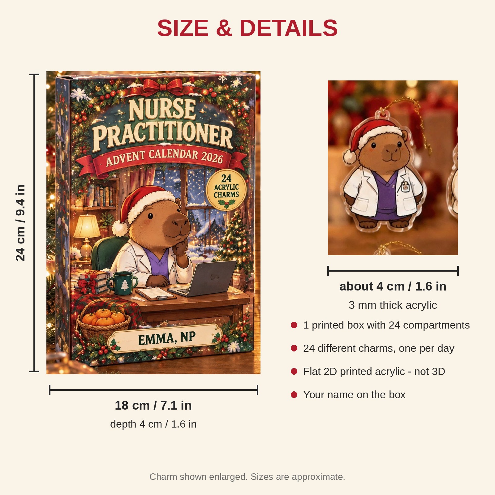 Personalized Nurse Practitioner Capybara advent calendar box with 24 flat acrylic Christmas charms: box and charm sizes