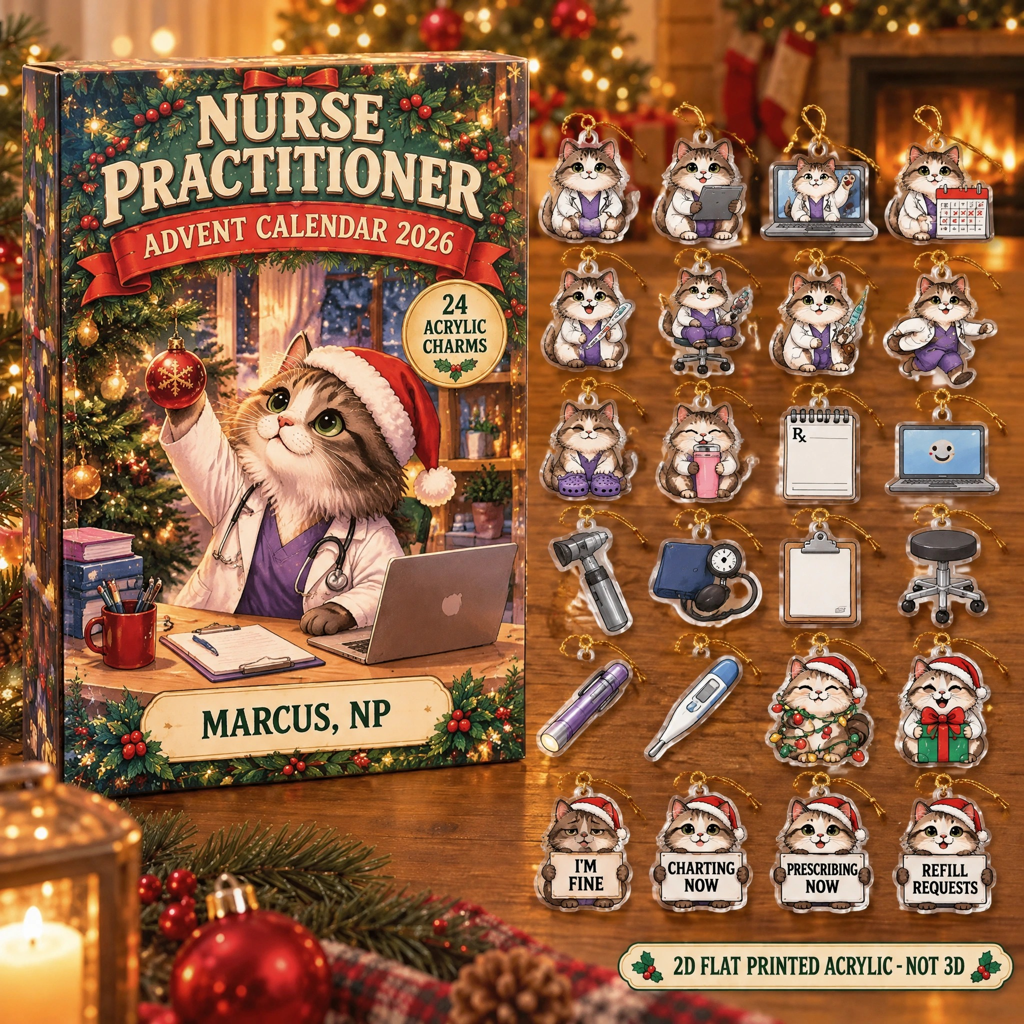 Personalized Nurse Practitioner Cat advent calendar box with 24 flat acrylic Christmas charms