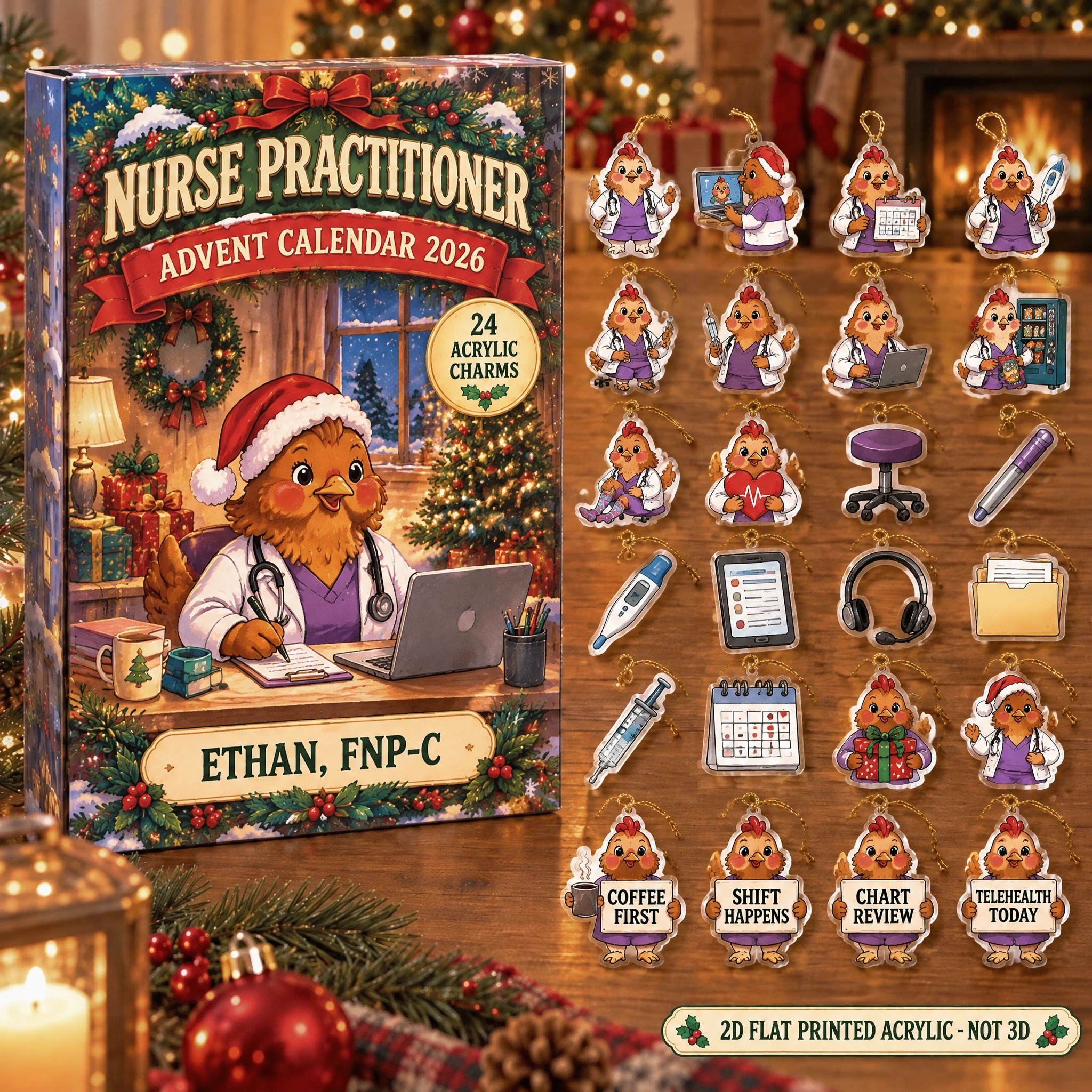 Personalized Nurse Practitioner Chicken advent calendar box with 24 flat acrylic Christmas charms