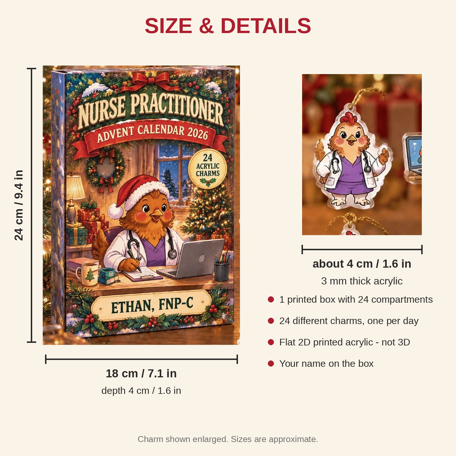 Personalized Nurse Practitioner Chicken advent calendar box with 24 flat acrylic Christmas charms: box and charm sizes