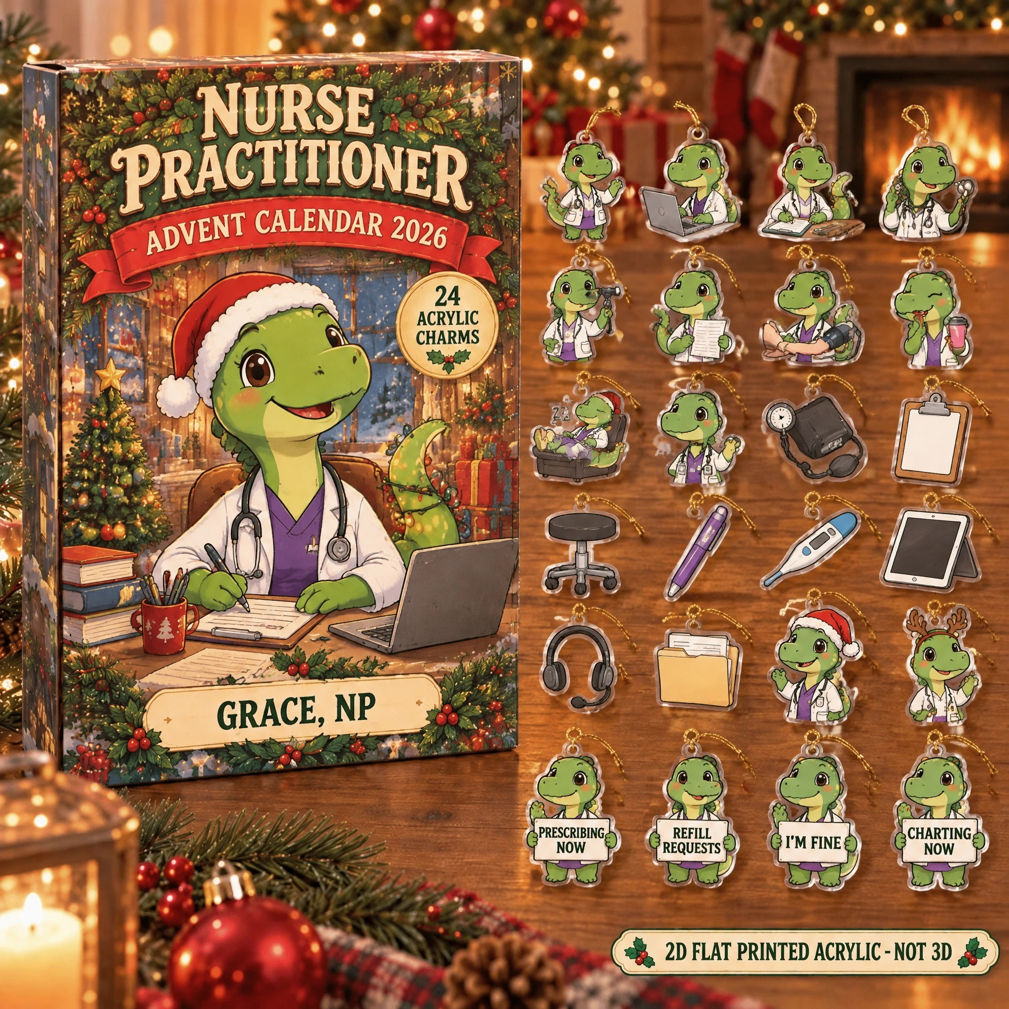 Personalized Nurse Practitioner Dinosaur advent calendar box with 24 flat acrylic Christmas charms