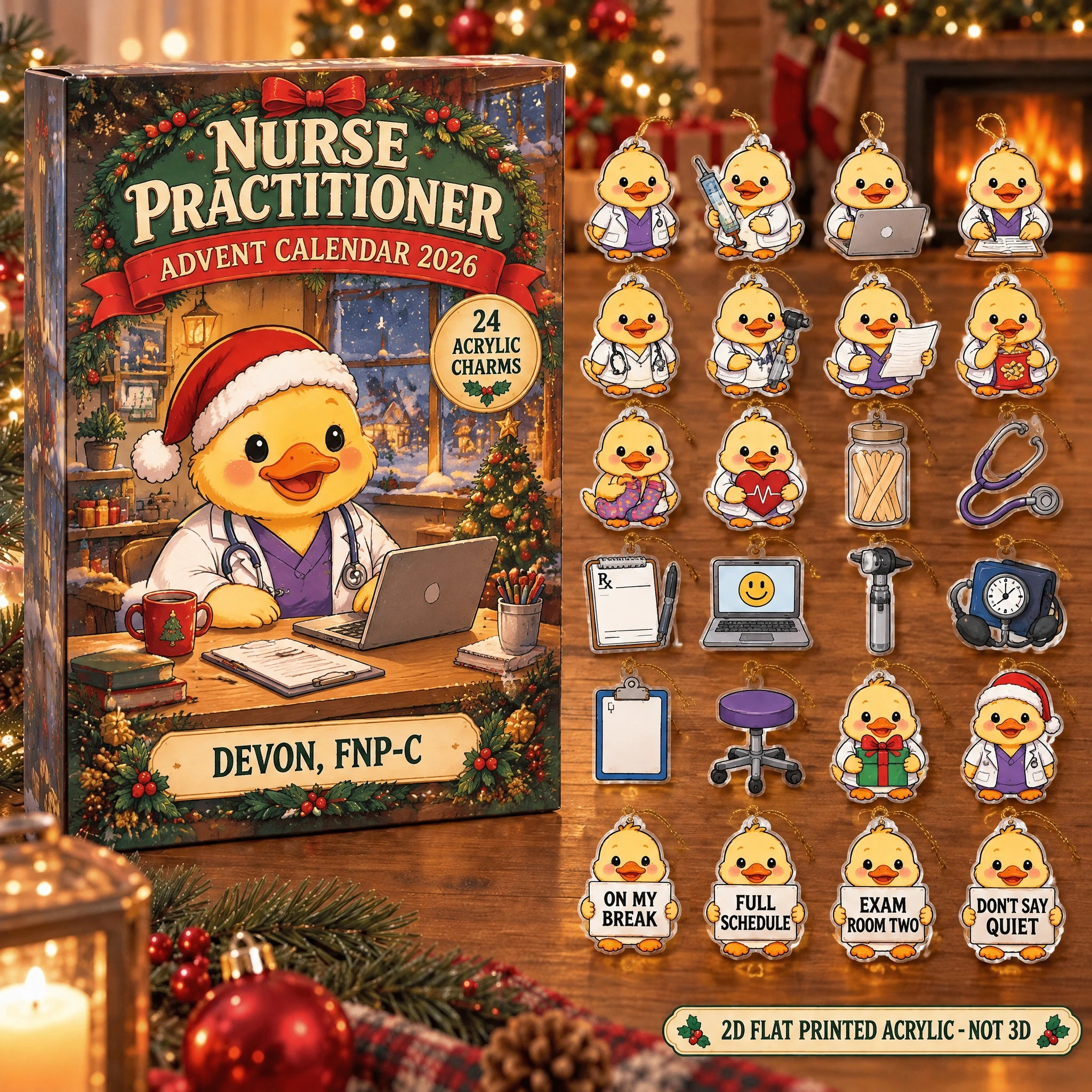 Personalized Nurse Practitioner Duck advent calendar box with 24 flat acrylic Christmas charms