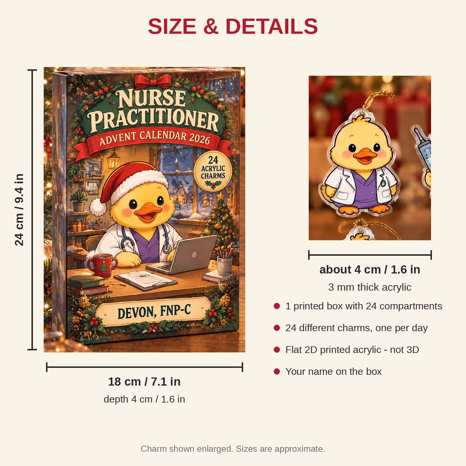 Personalized Nurse Practitioner Duck advent calendar box with 24 flat acrylic Christmas charms: box and charm sizes