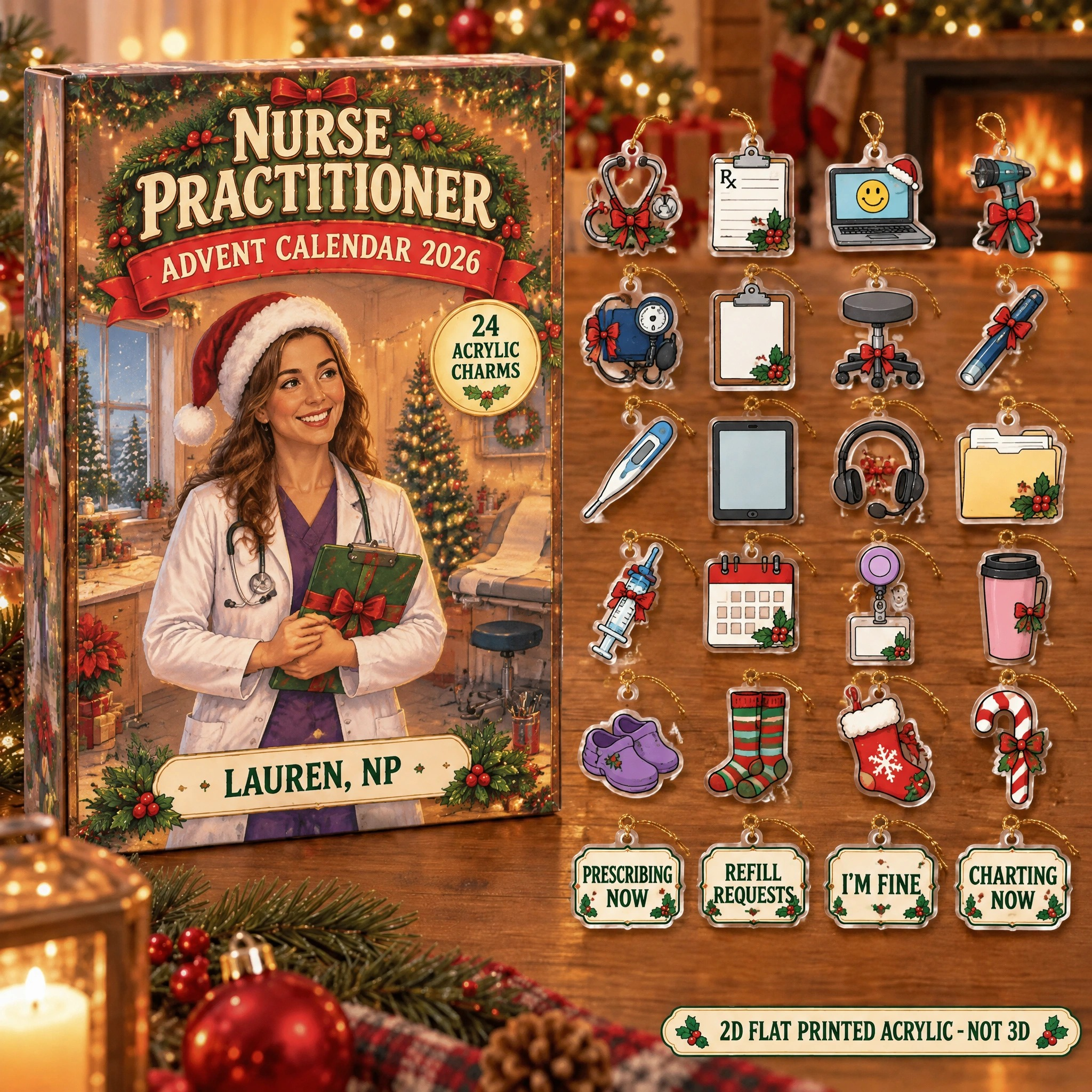 Personalized NP Essentials advent calendar box with 24 flat acrylic Christmas charms