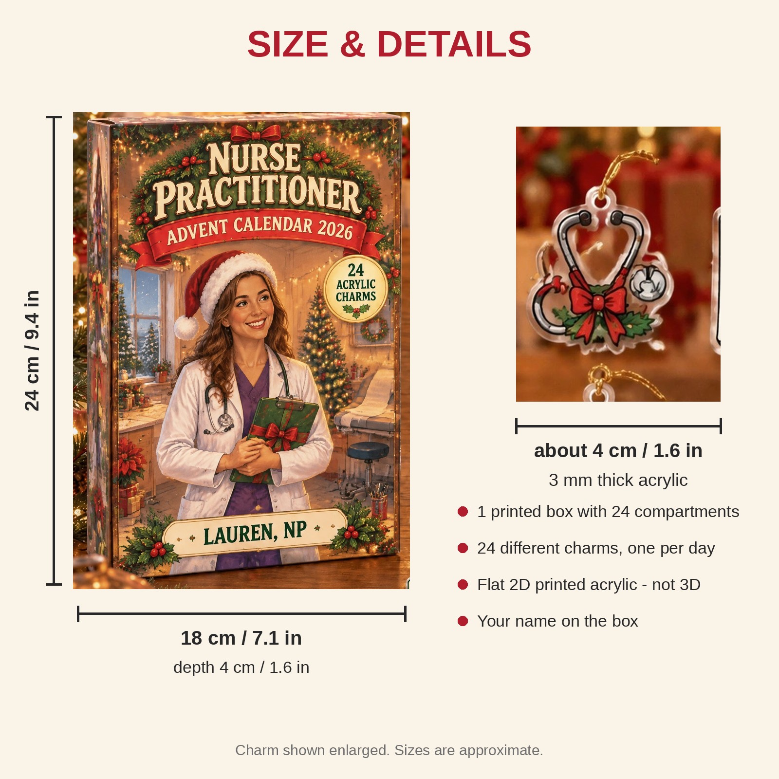 Personalized NP Essentials advent calendar box with 24 flat acrylic Christmas charms: box and charm sizes
