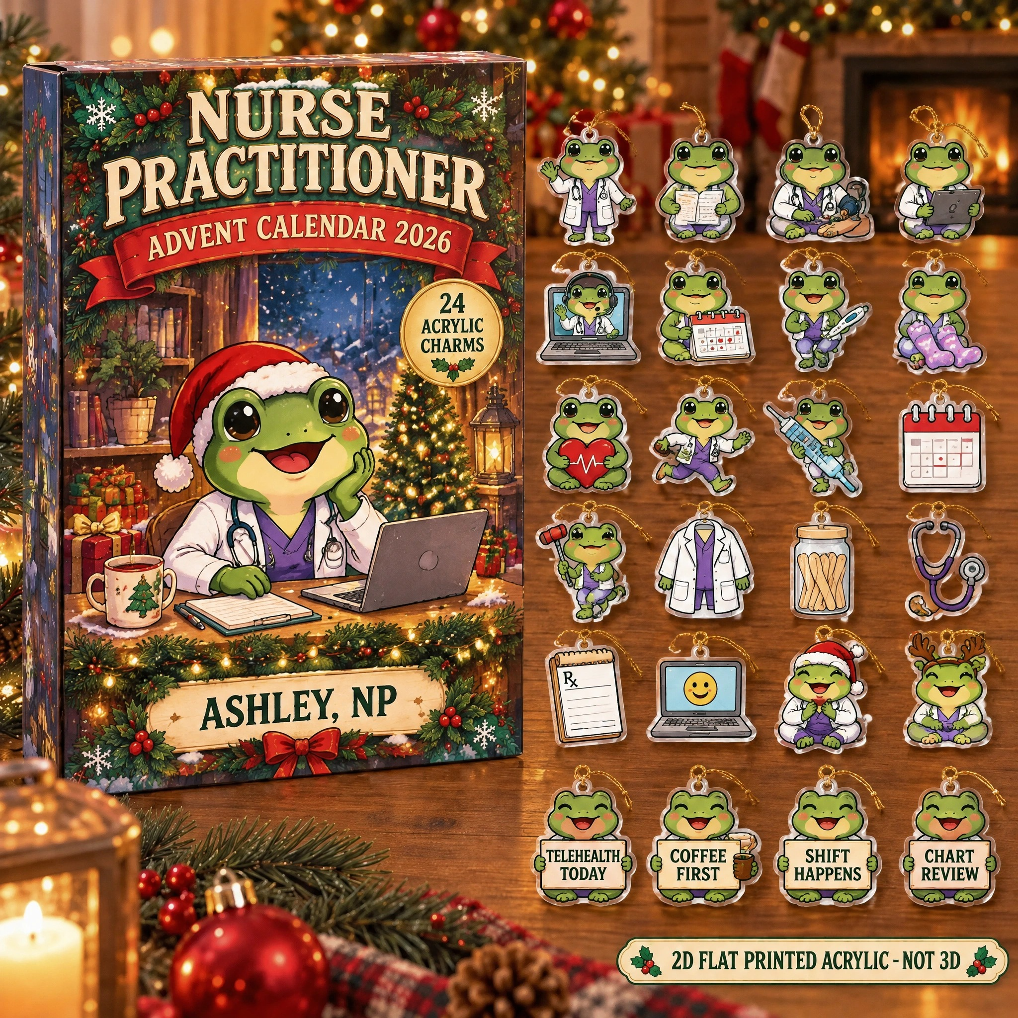 Personalized Nurse Practitioner Frog advent calendar box with 24 flat acrylic Christmas charms