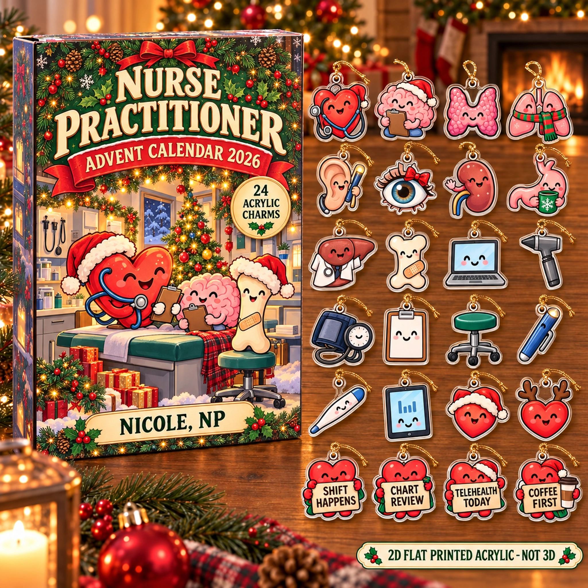 Personalized Funny Anatomy NP advent calendar box with 24 flat acrylic Christmas charms