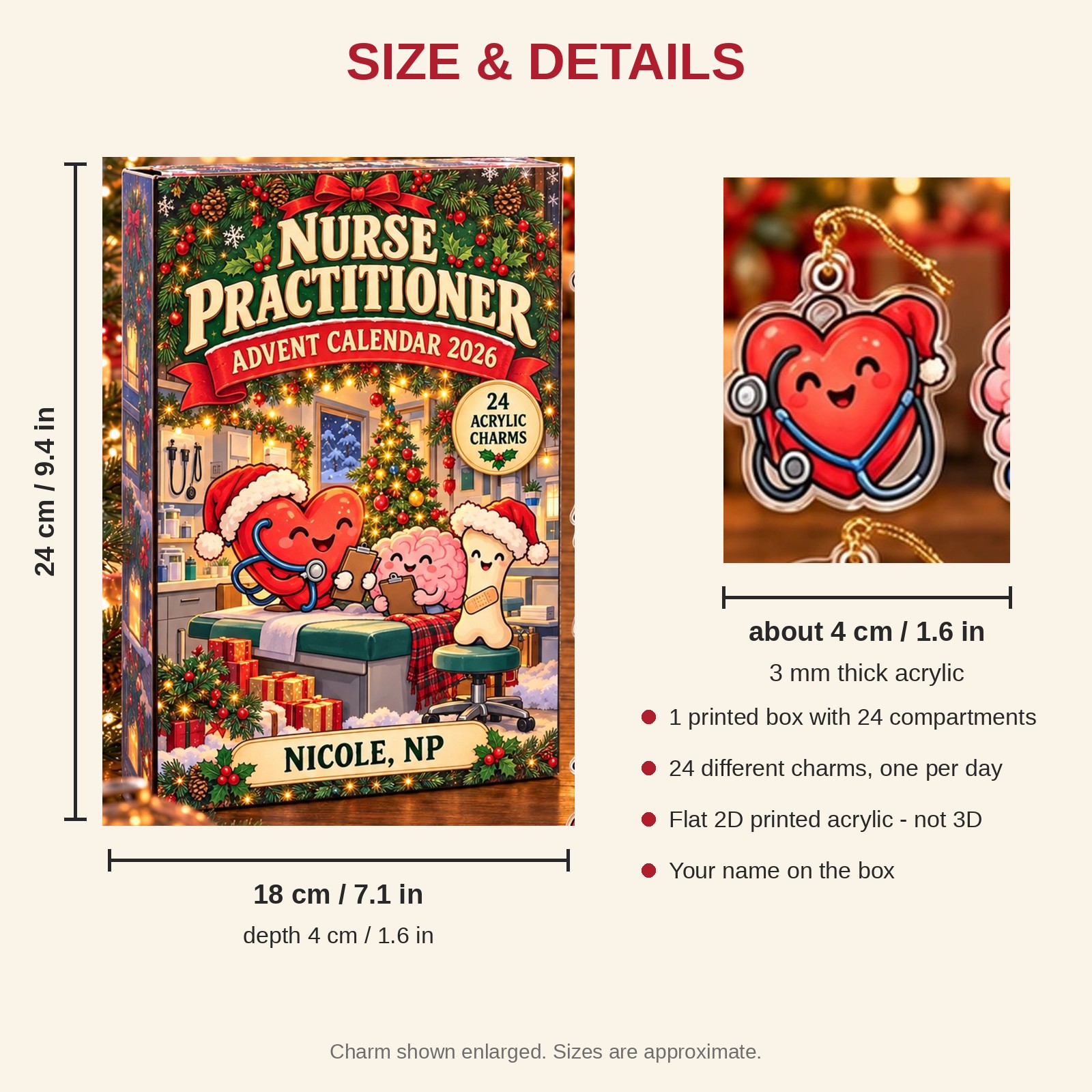 Personalized Funny Anatomy NP advent calendar box with 24 flat acrylic Christmas charms: box and charm sizes