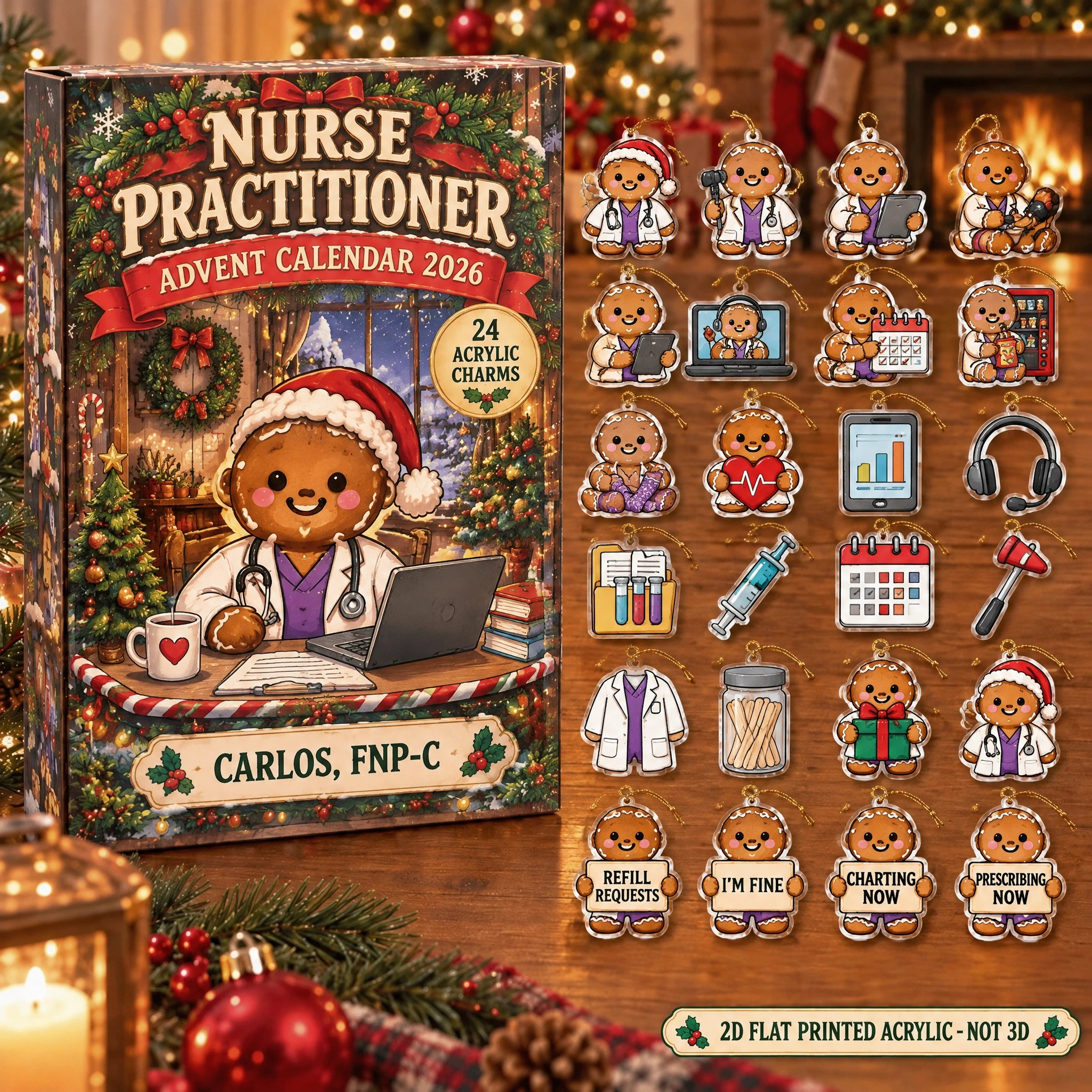Personalized Gingerbread NP advent calendar box with 24 flat acrylic Christmas charms