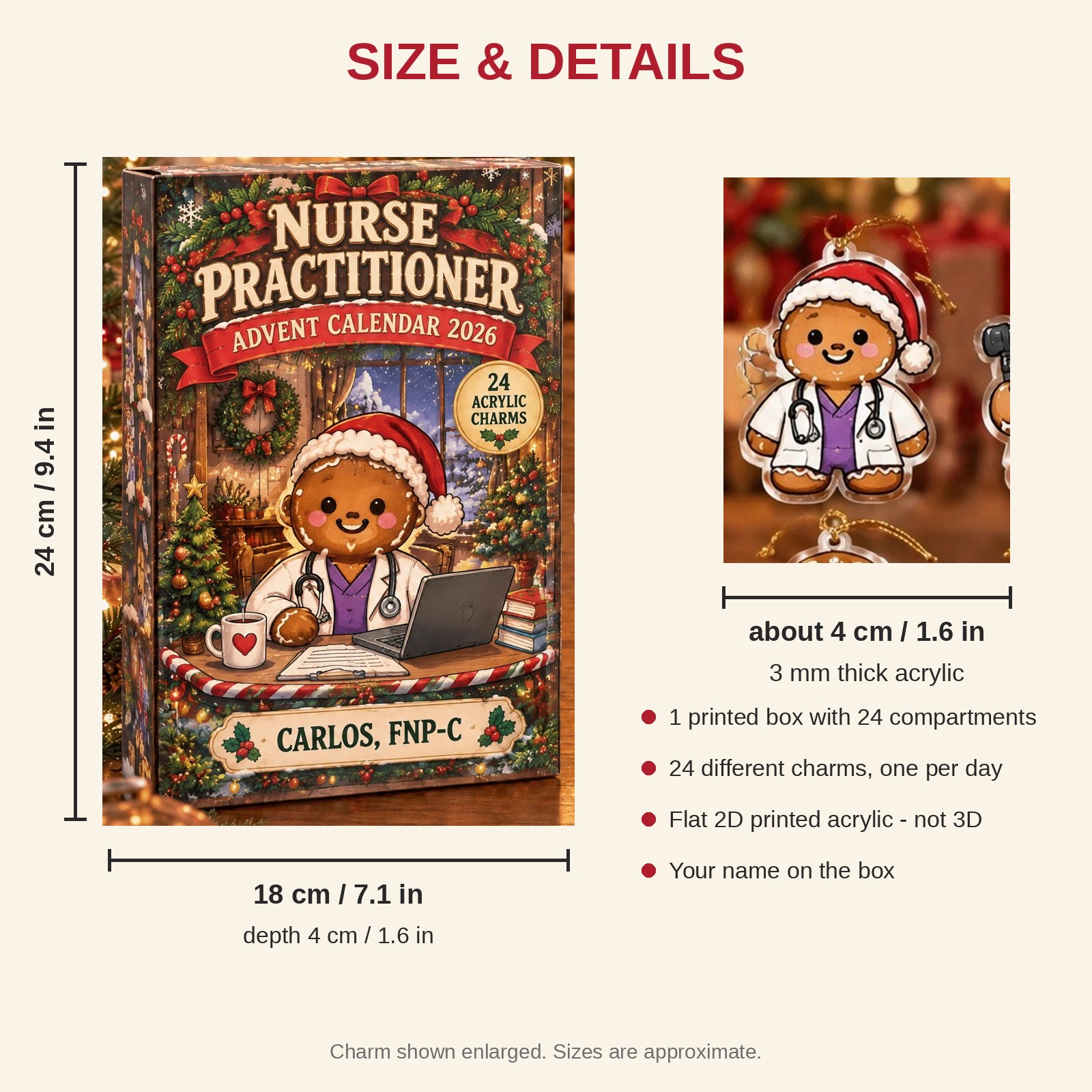 Personalized Gingerbread NP advent calendar box with 24 flat acrylic Christmas charms: box and charm sizes