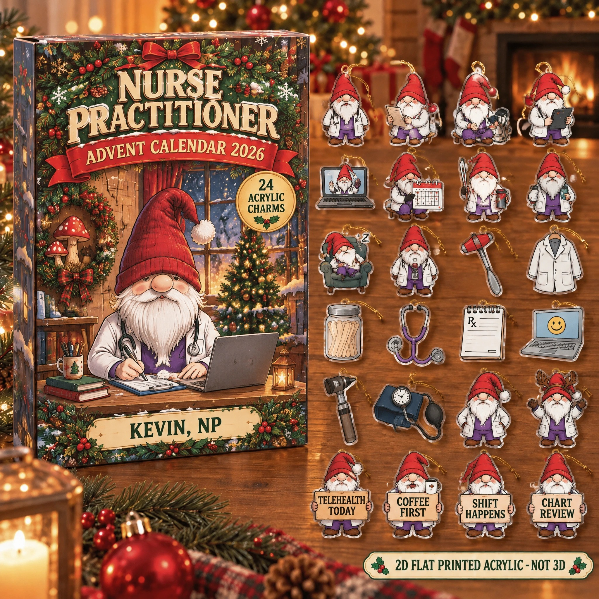 Personalized Nurse Practitioner Gnome advent calendar box with 24 flat acrylic Christmas charms