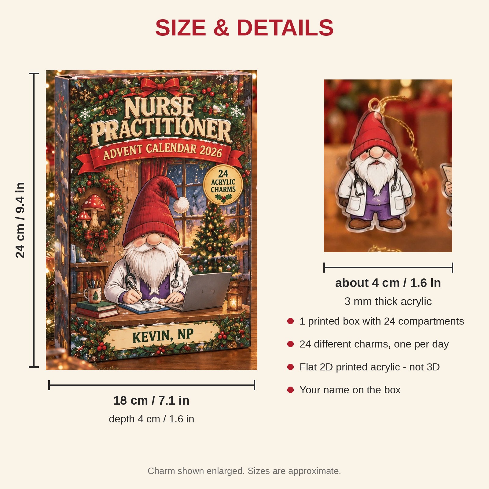 Personalized Nurse Practitioner Gnome advent calendar box with 24 flat acrylic Christmas charms: box and charm sizes