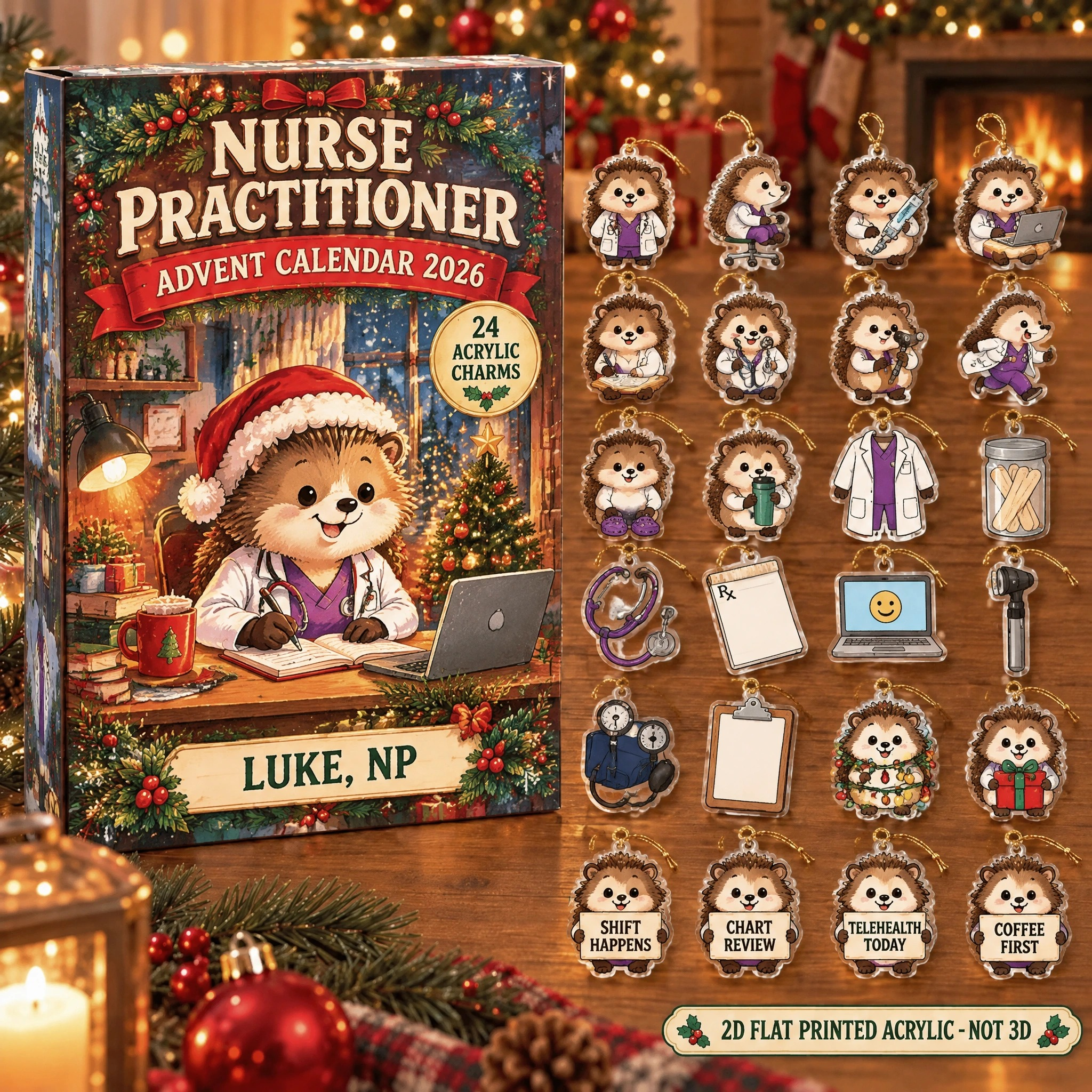 Personalized Nurse Practitioner Hedgehog advent calendar box with 24 flat acrylic Christmas charms
