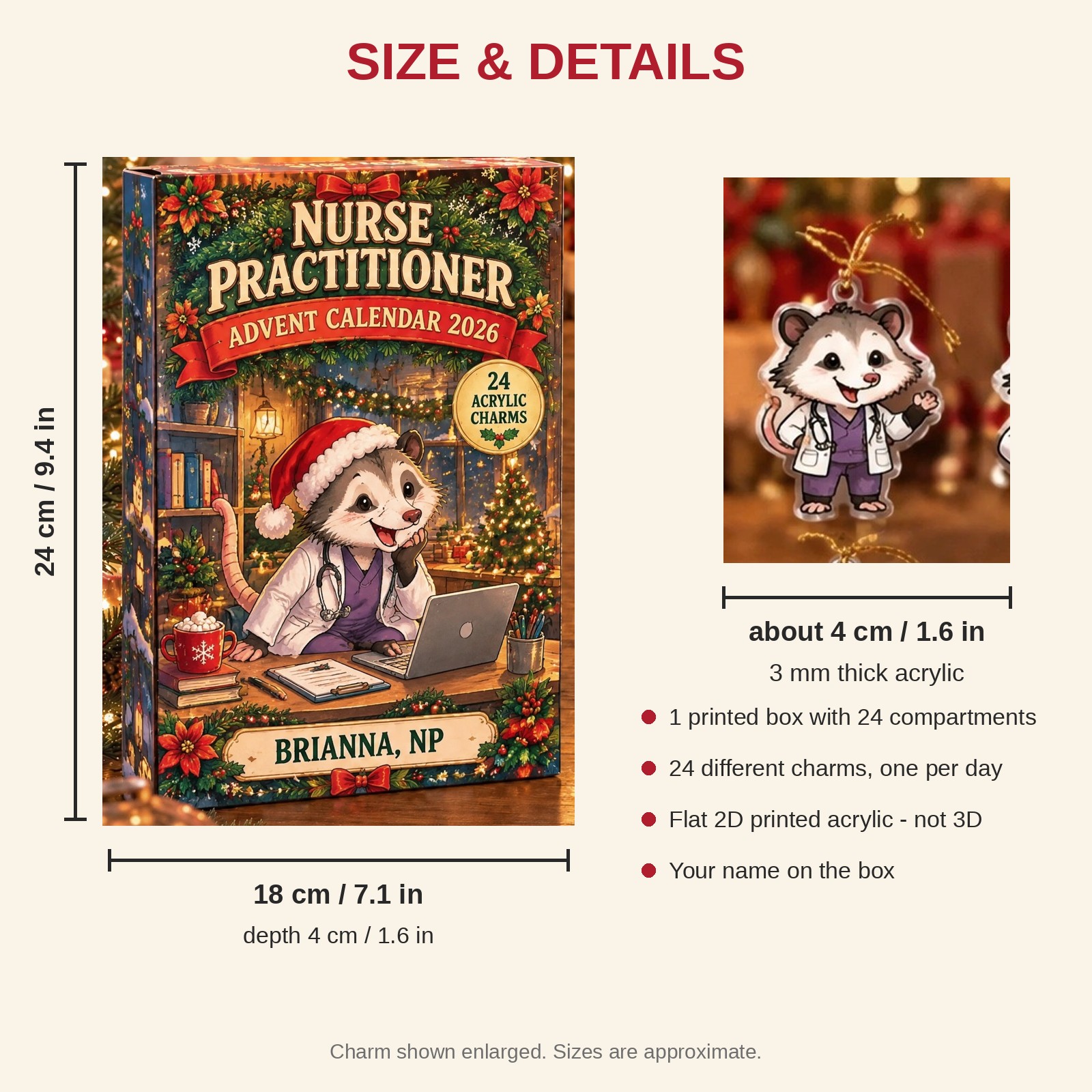 Personalized Nurse Practitioner Opossum advent calendar box with 24 flat acrylic Christmas charms: box and charm sizes
