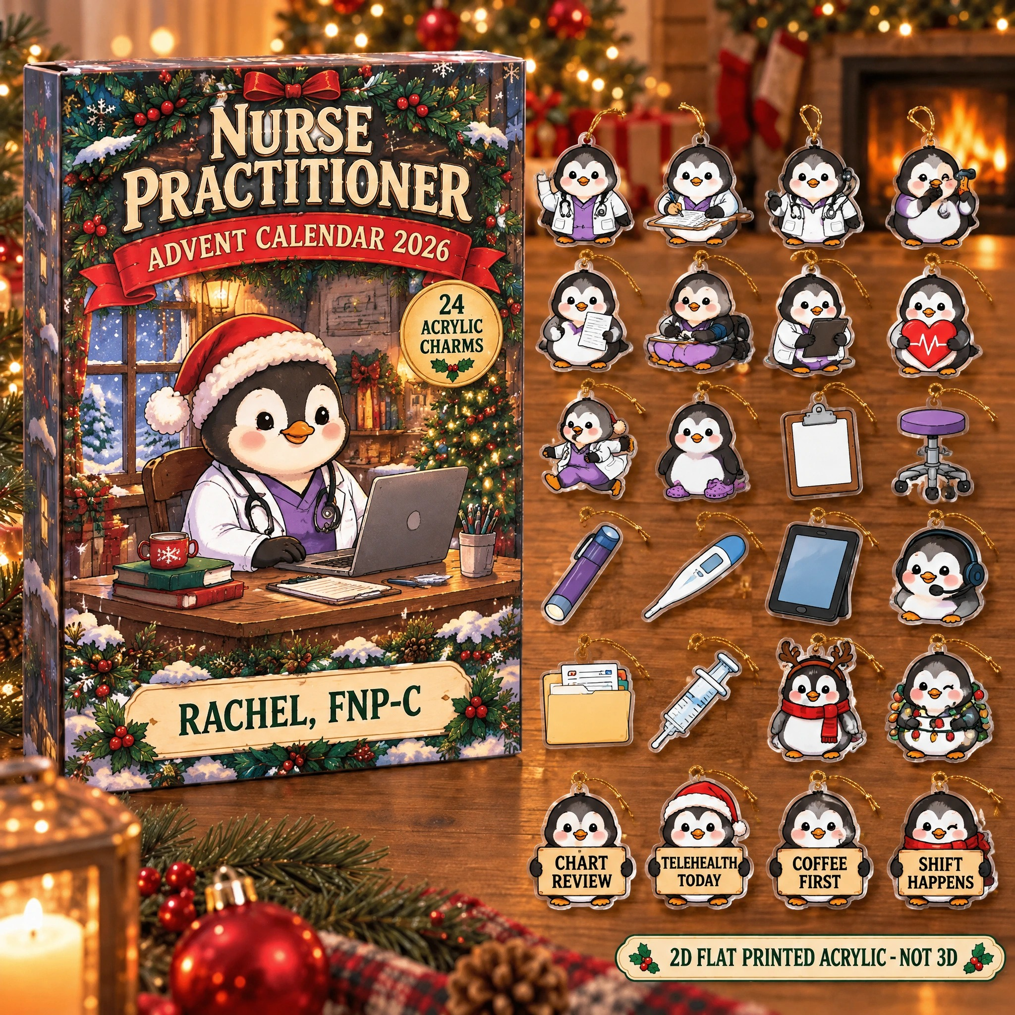 Personalized Nurse Practitioner Penguin advent calendar box with 24 flat acrylic Christmas charms