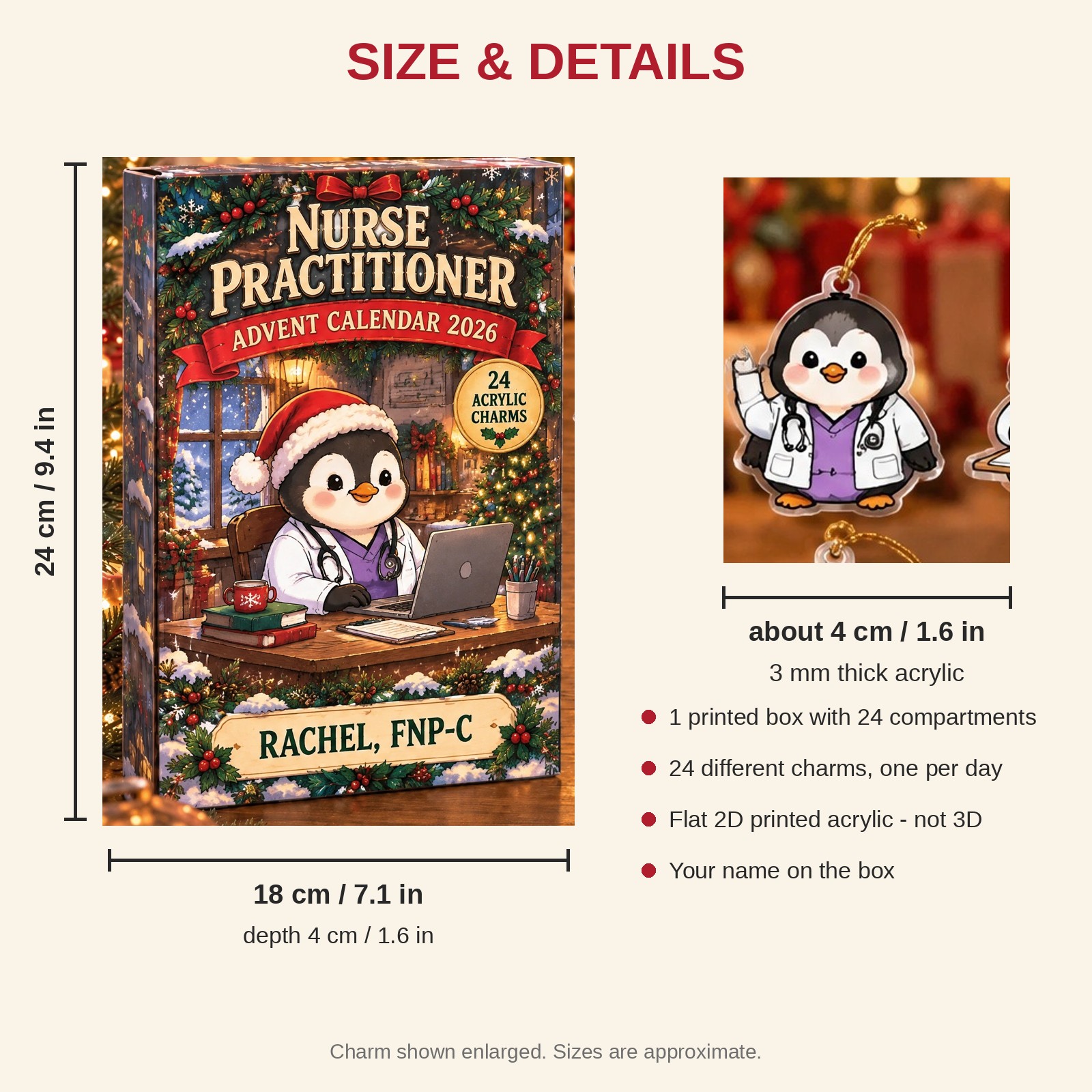 Personalized Nurse Practitioner Penguin advent calendar box with 24 flat acrylic Christmas charms: box and charm sizes