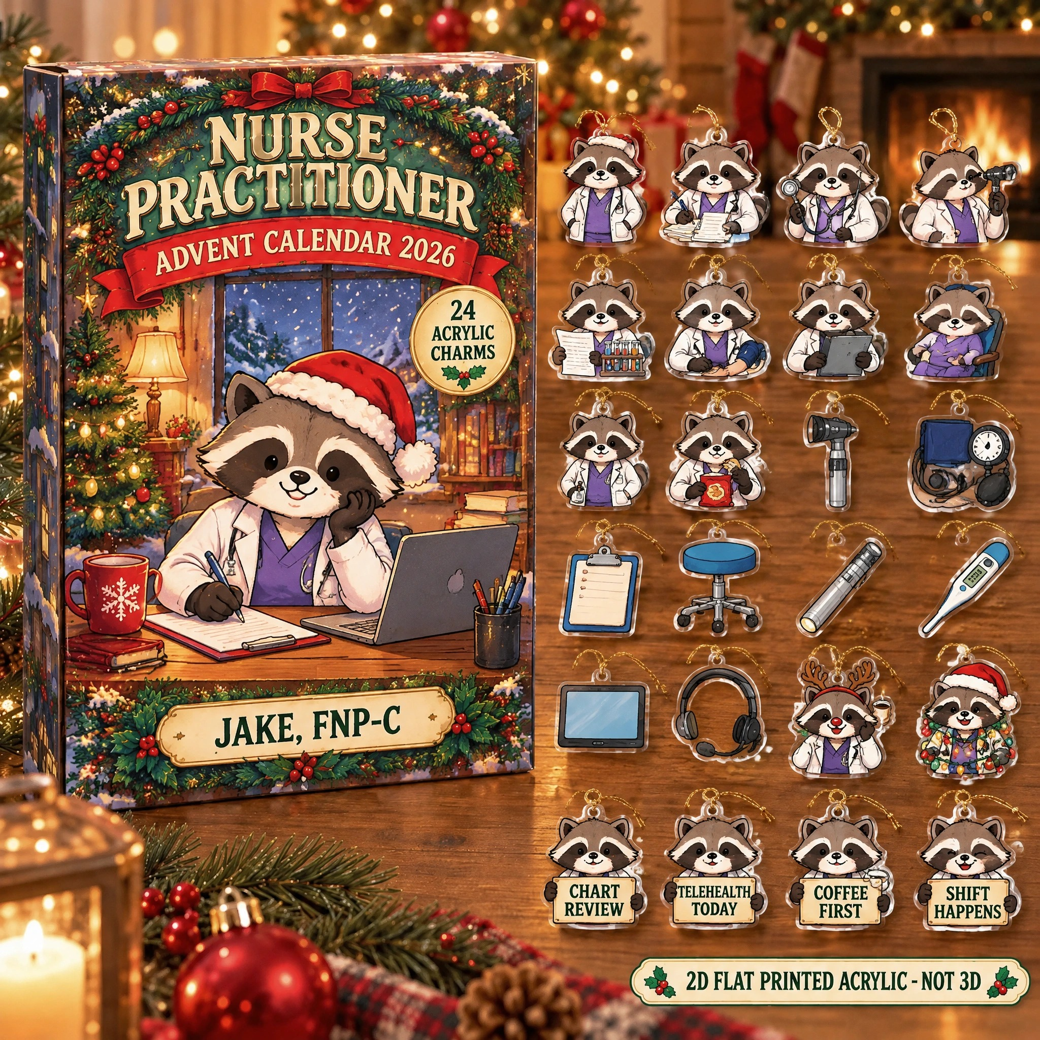 Personalized Nurse Practitioner Raccoon advent calendar box with 24 flat acrylic Christmas charms