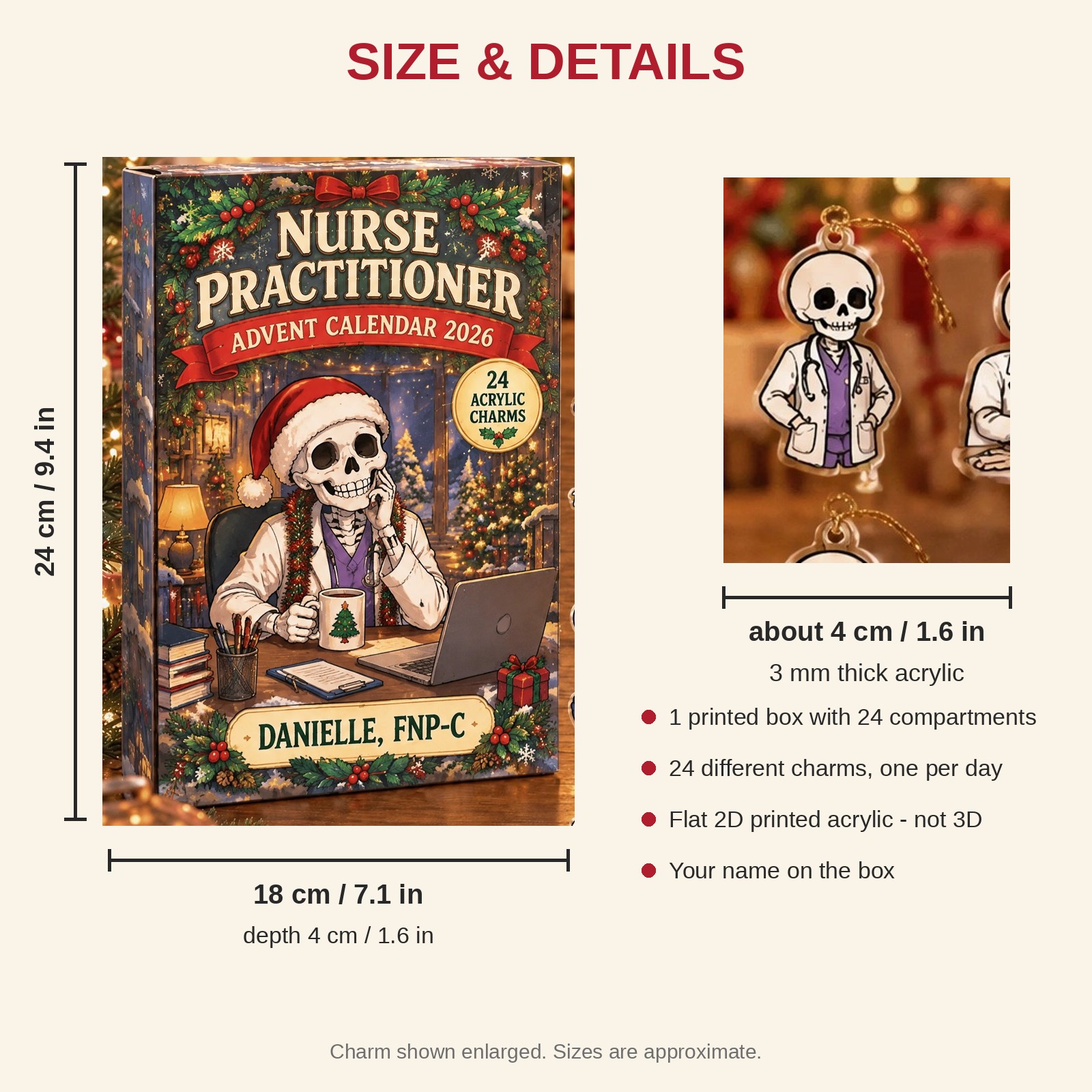 Personalized Nurse Practitioner Skeleton advent calendar box with 24 flat acrylic Christmas charms: box and charm sizes