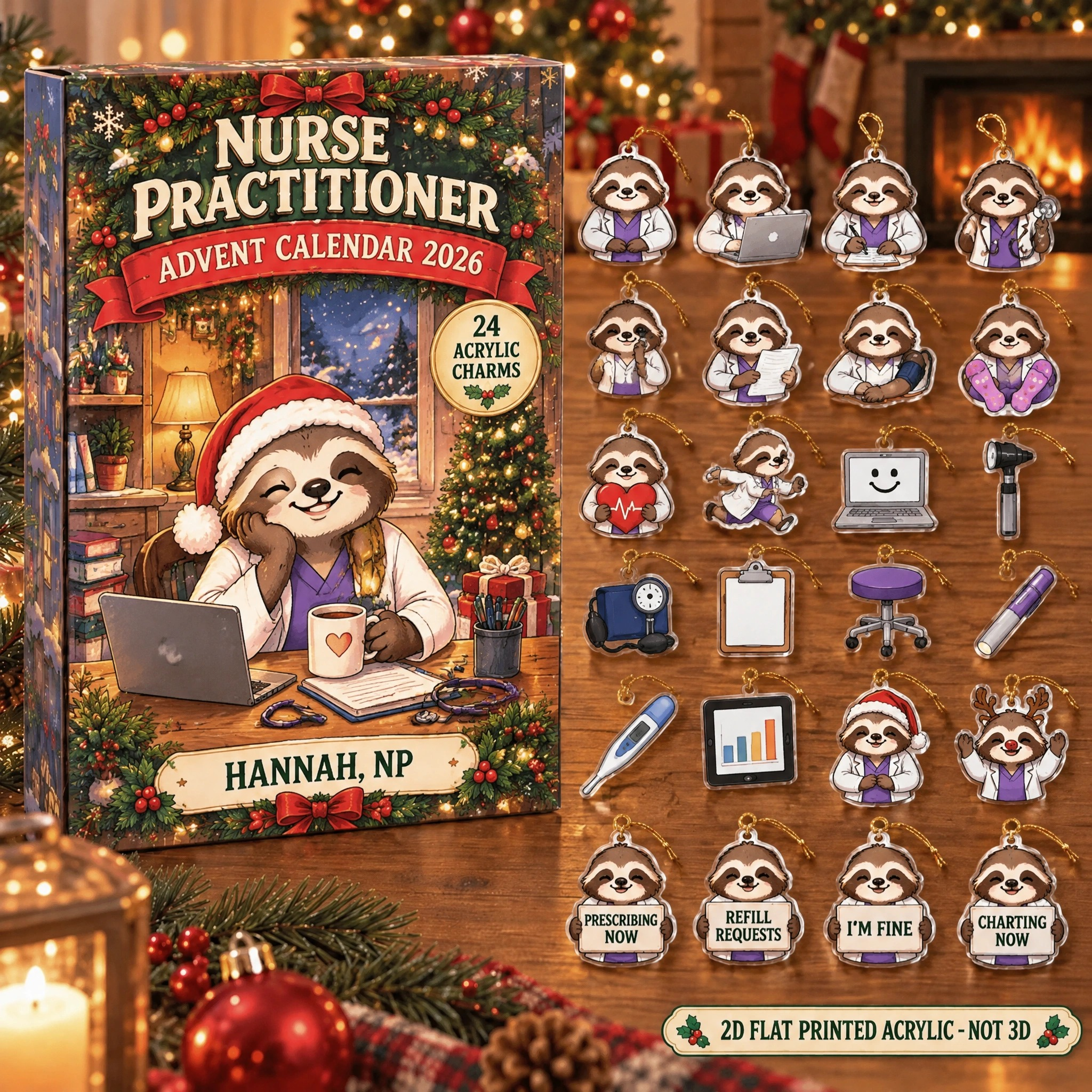 Personalized Nurse Practitioner Sloth advent calendar box with 24 flat acrylic Christmas charms