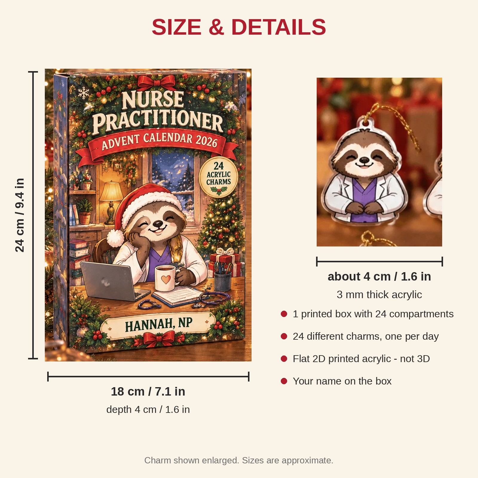 Personalized Nurse Practitioner Sloth advent calendar box with 24 flat acrylic Christmas charms: box and charm sizes
