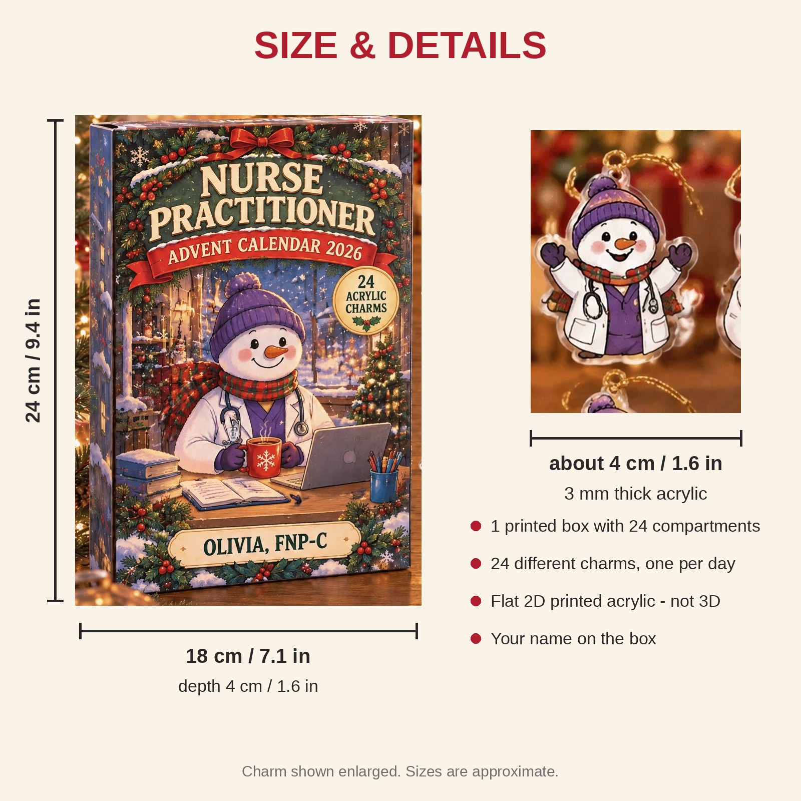 Personalized Nurse Practitioner Snowman advent calendar box with 24 flat acrylic Christmas charms: box and charm sizes