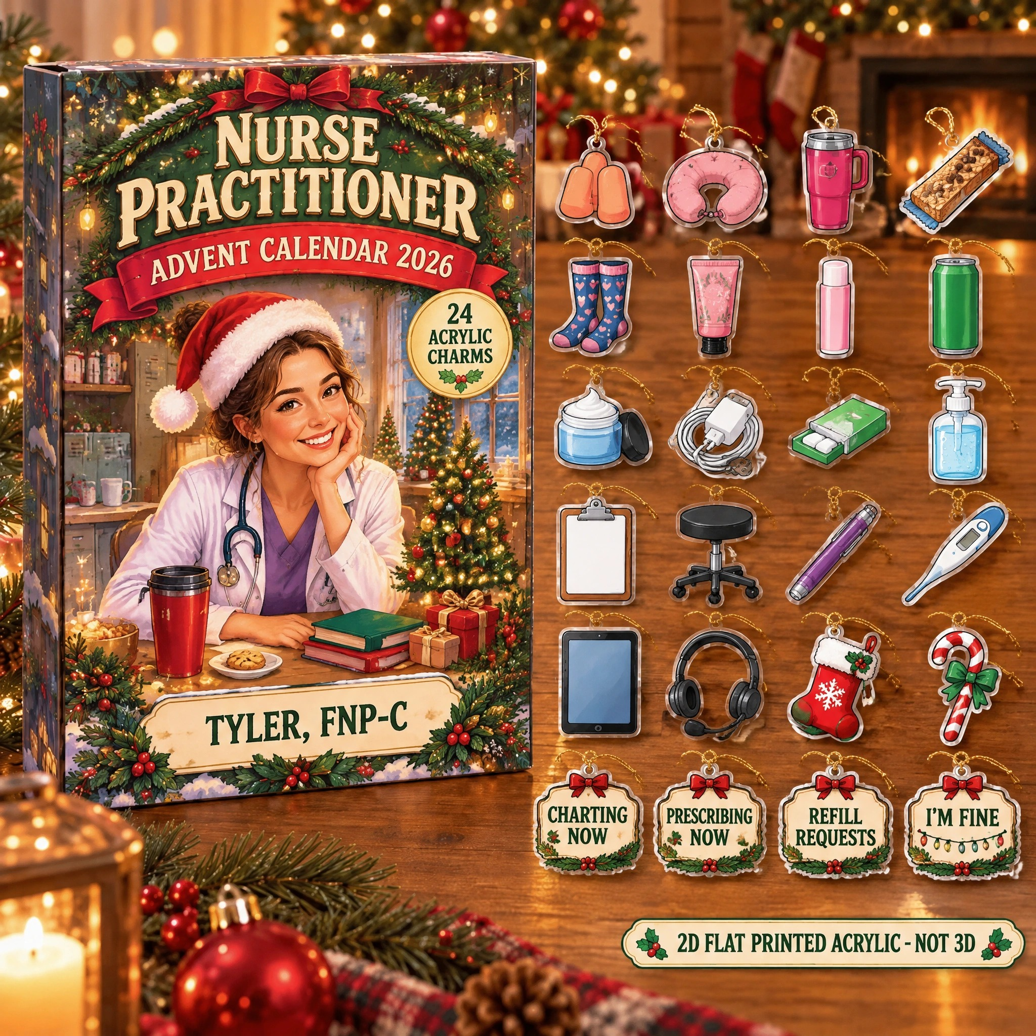 Personalized NP Survival Kit advent calendar box with 24 flat acrylic Christmas charms