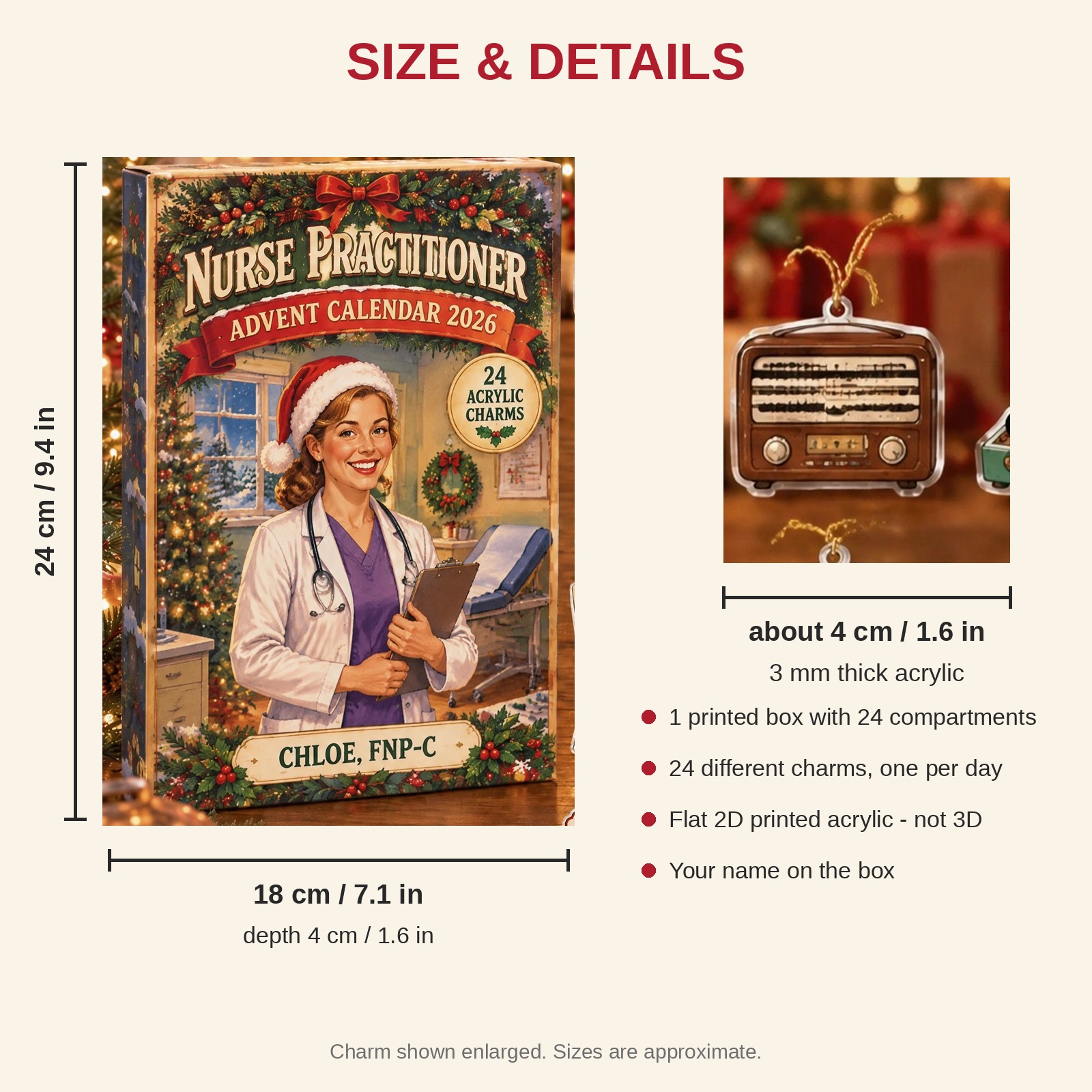 Personalized Vintage Retro NP advent calendar box with 24 flat acrylic Christmas charms: box and charm sizes