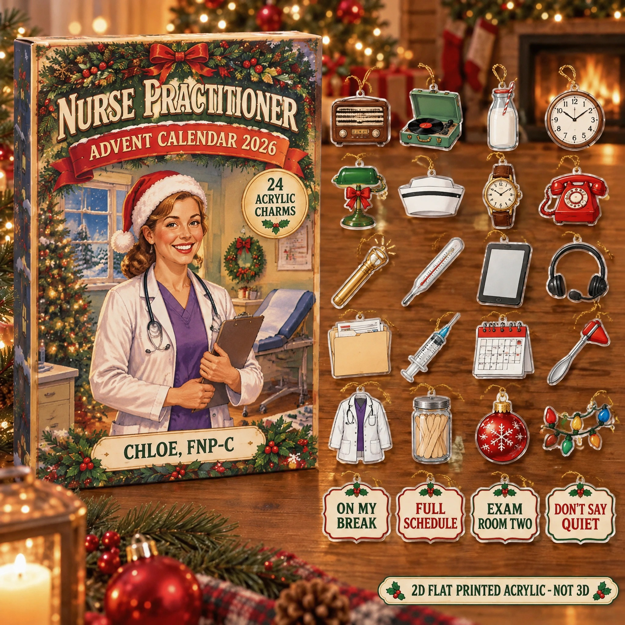 Personalized Vintage Retro NP advent calendar box with 24 flat acrylic Christmas charms