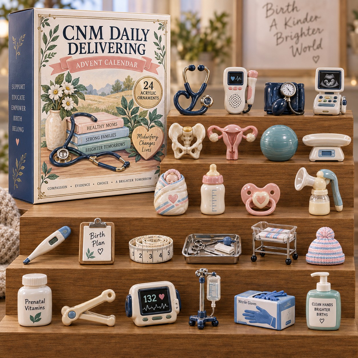 Nursing Specialties advent calendar box with 24 acrylic Christmas charms: box and charm sizes